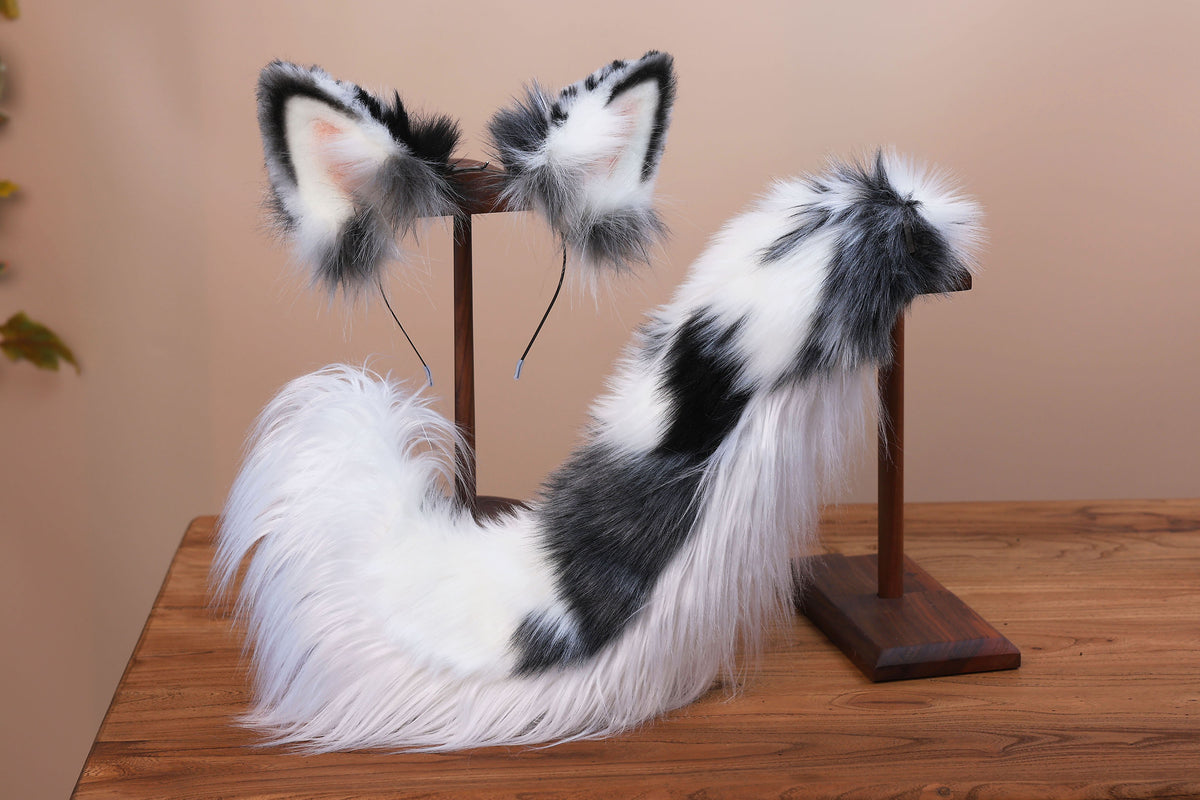 Blue merle border collie dog tail and ear realistic faux fur dog ear and tail anime cosplay therian puppy ear and tail butt plug dog kemonomimi furry