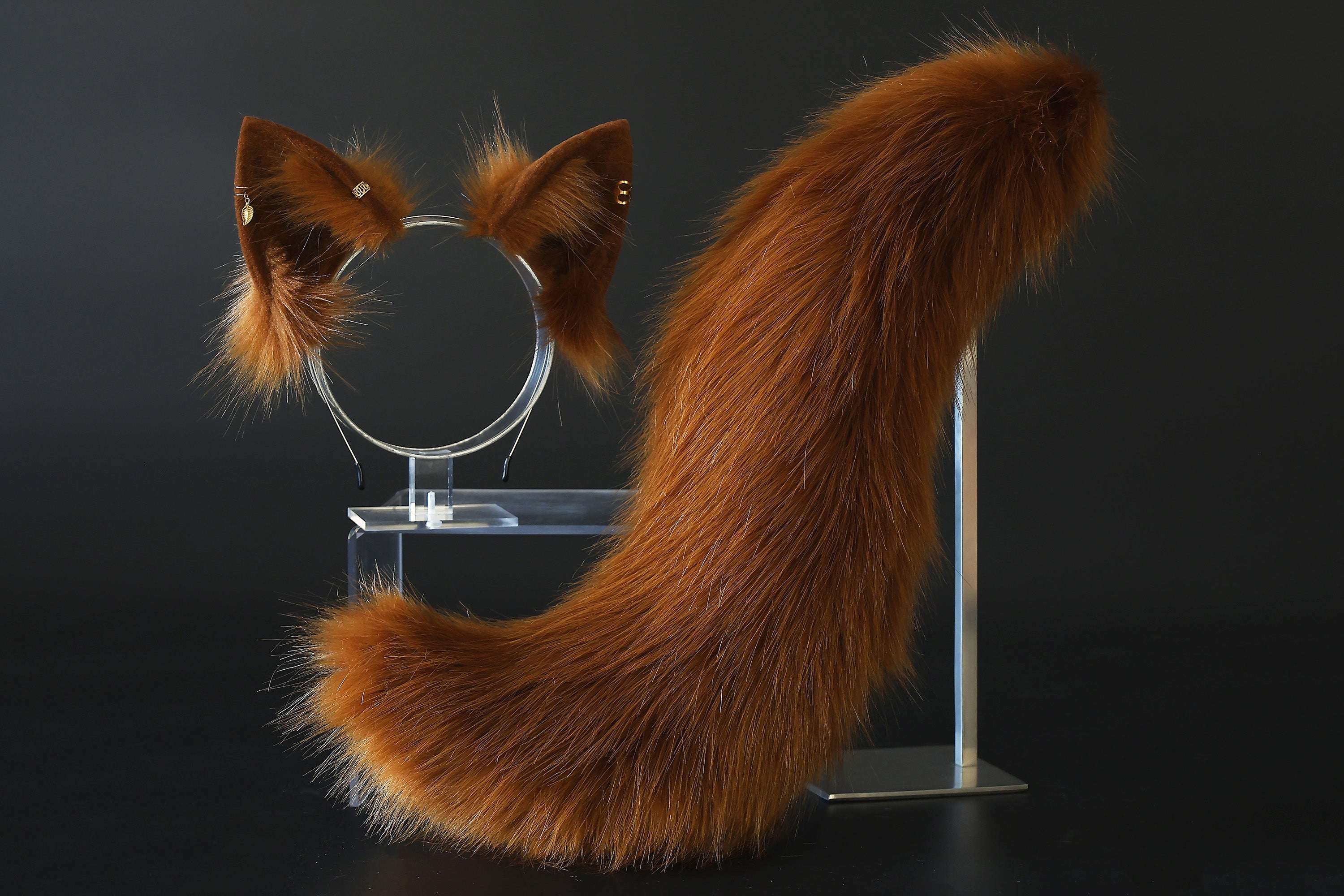 Brown faux fur fox tail plug and ear set splicing wolf ear and tail anime cosplay therian cat ear and tail kemonomimi girl fox boy furry