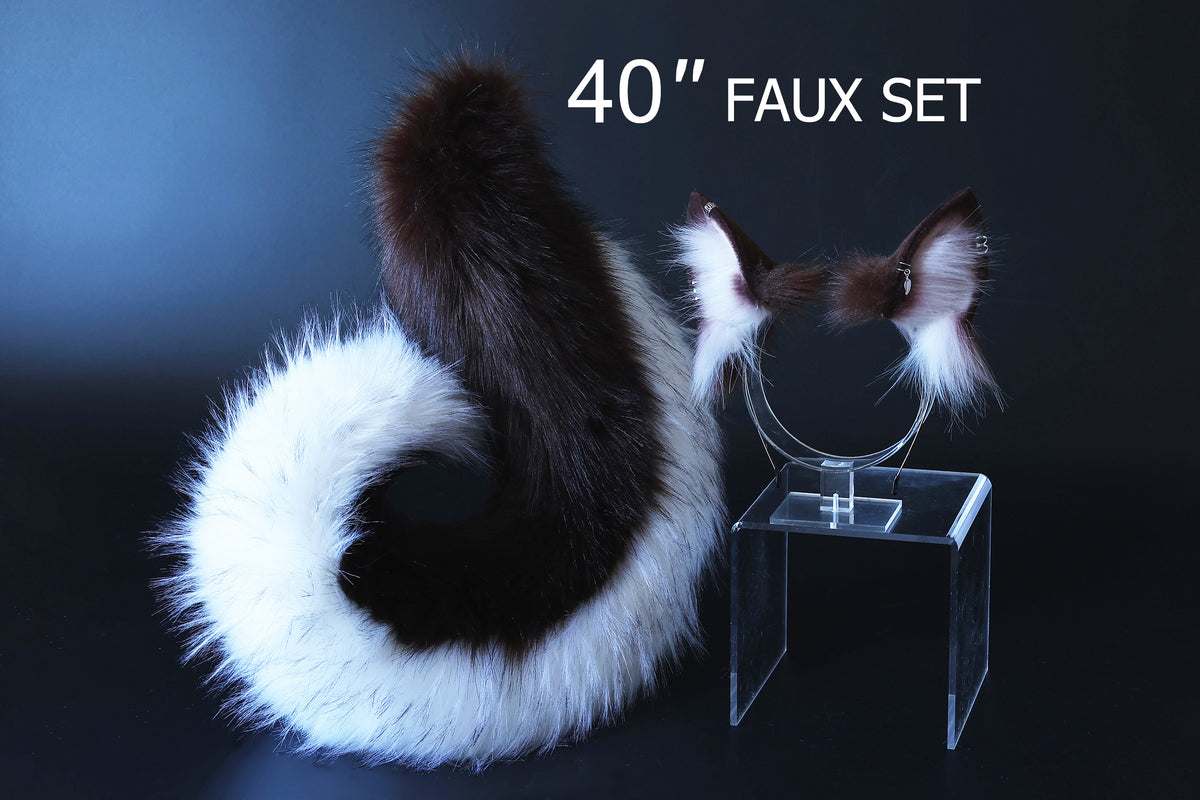 Brown white faux fur puppy ear and tail kemonomimi shepherd dog tail and ear set shiba Inu dog ear and tail plug curved anime cosplay puppy play