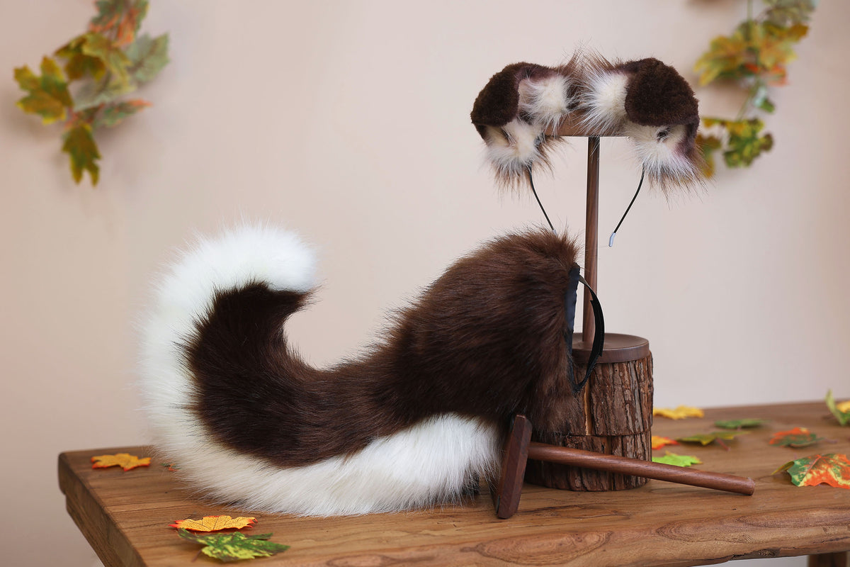 Brown white faux fur puppy tail sleeve and ears faux fur dog sleeves for hyper motion silicone base - super motion tail covers kemonomimi