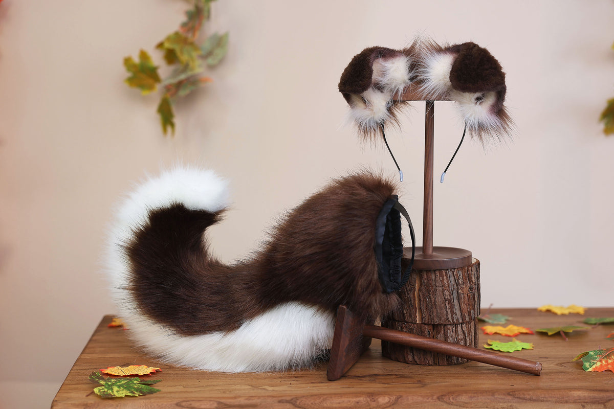 Brown white faux fur puppy tail sleeve and ears faux fur dog sleeves for hyper motion silicone base - super motion tail covers kemonomimi