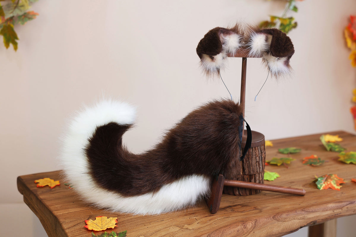 Brown white faux fur puppy tail sleeve and ears faux fur dog sleeves for hyper motion silicone base - super motion tail covers kemonomimi