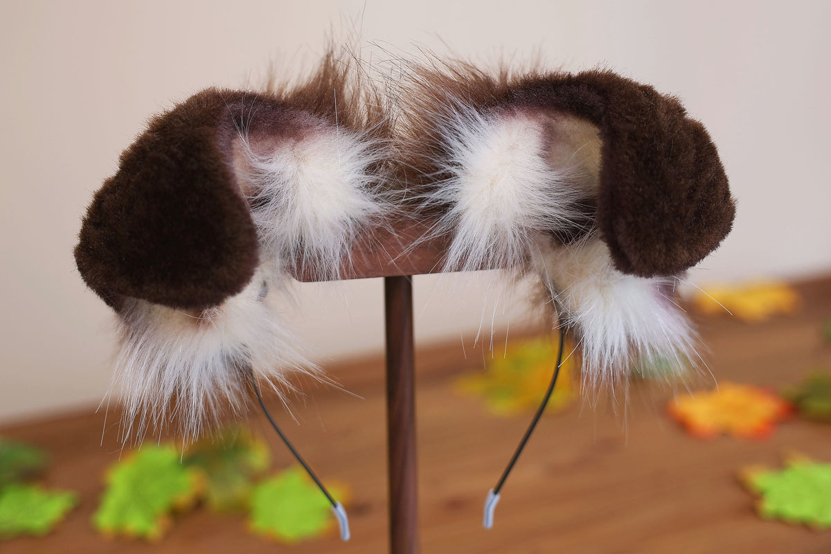 Brown white faux fur puppy tail sleeve and ears faux fur dog sleeves for hyper motion silicone base - super motion tail covers kemonomimi