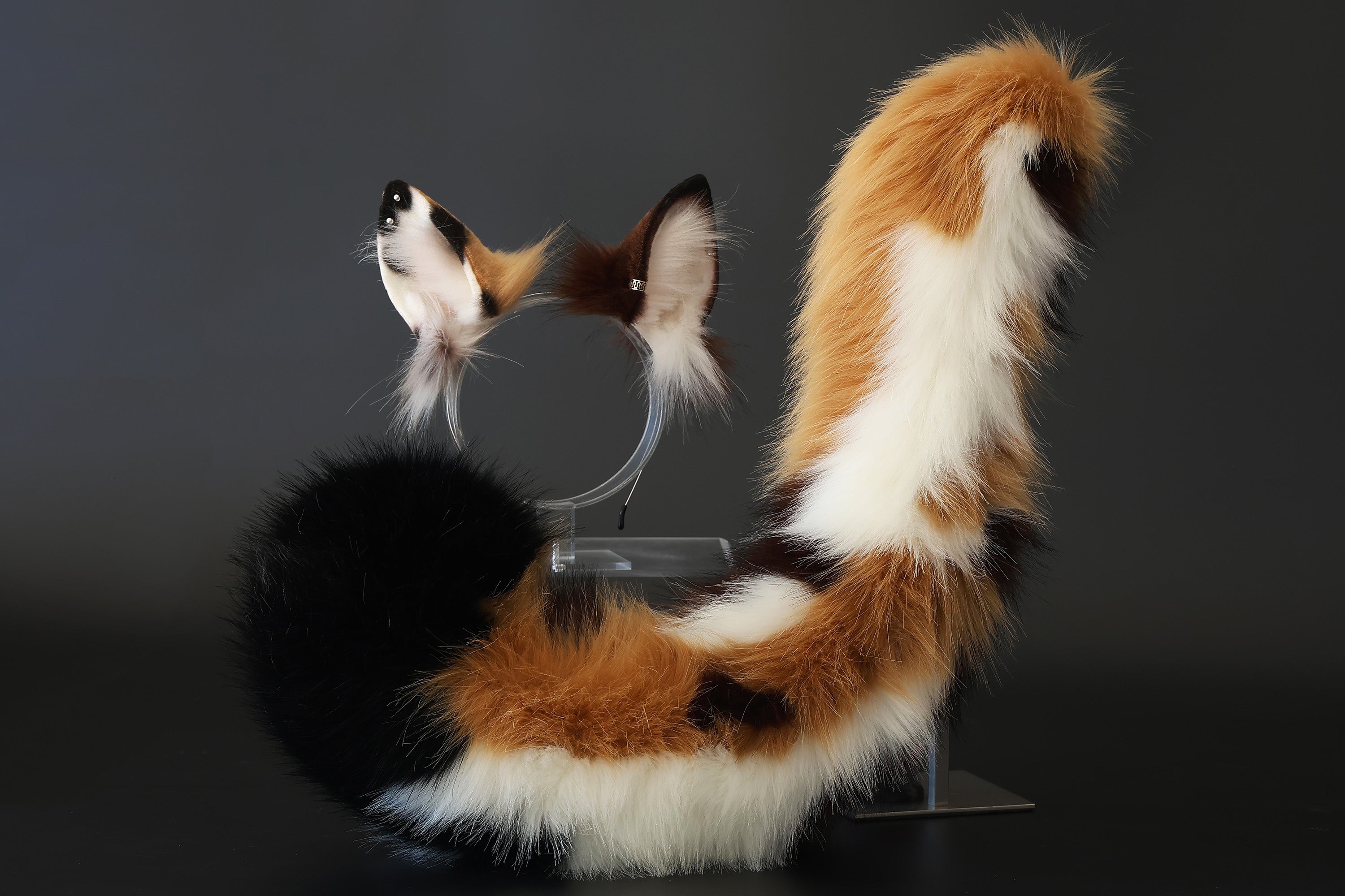 Calico faux fur cat ears and tail curved puppy tail and ears wolf tail and ears fox ears and tail butt plug set anime cosplay role play halloween Gift