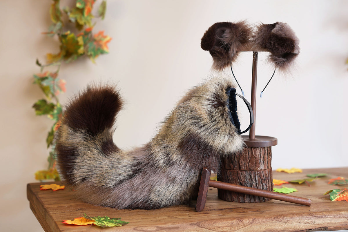 Calico hyper motion puppy tail sleeve and ears faux fur dog sleeves for silicone base - super motion tail covers - therian puppy kemonomimi