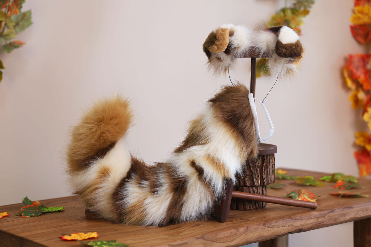 Calico hyper motion puppy tail sleeve and ears faux fur dog sleeves for silicone base - super motion tail covers - therian puppy kemonomimi