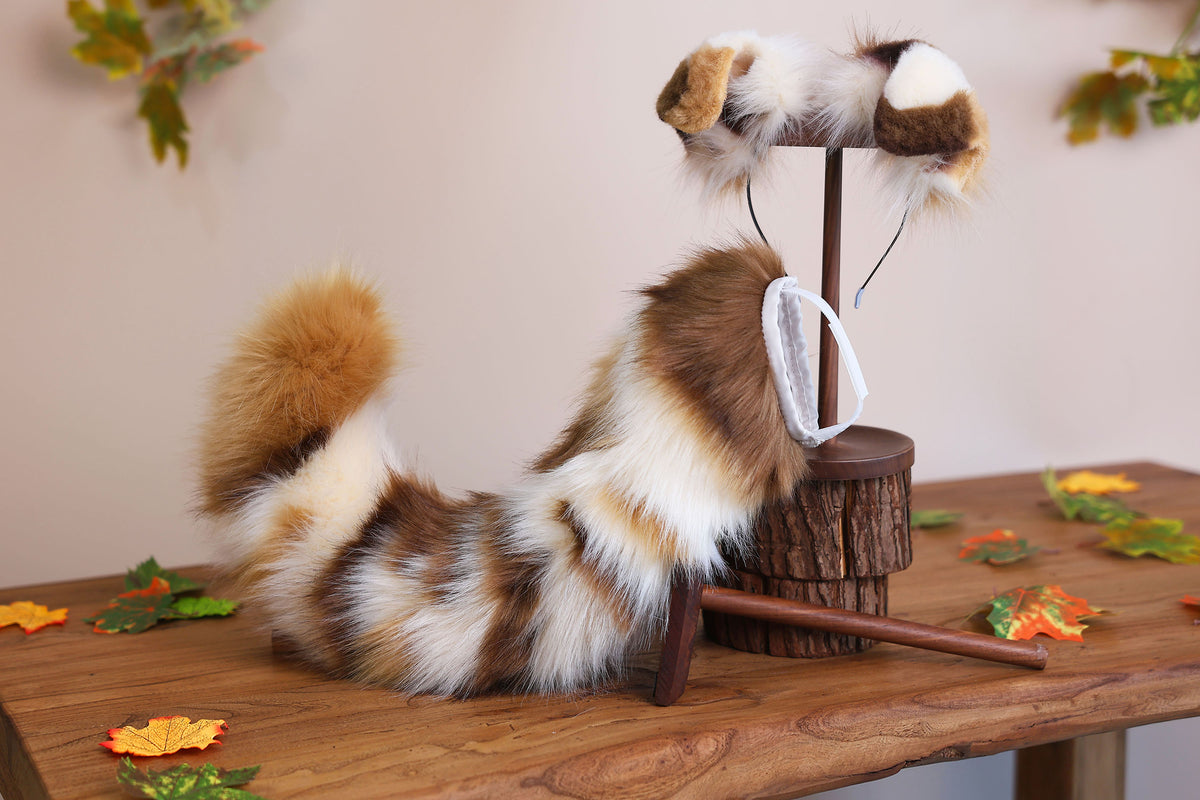 Calico hyper motion puppy tail sleeve and ears faux fur dog sleeves for silicone base - super motion tail covers - therian puppy kemonomimi
