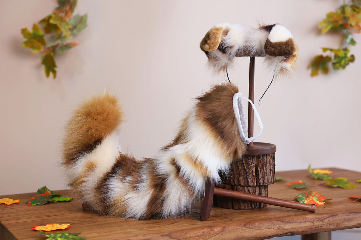 Calico hyper motion puppy tail sleeve and ears faux fur dog sleeves for silicone base - super motion tail covers - therian puppy kemonomimi