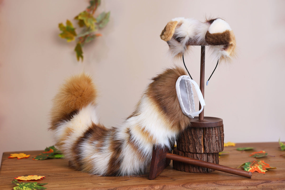 Calico hyper motion puppy tail sleeve and ears faux fur dog sleeves for silicone base - super motion tail covers - therian puppy kemonomimi