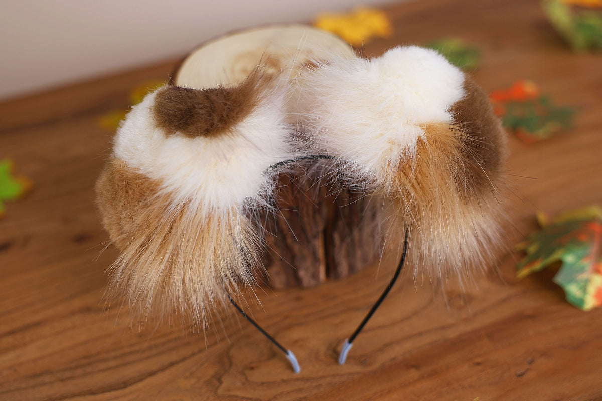 Calico hyper motion puppy tail sleeve and ears faux fur dog sleeves for silicone base - super motion tail covers - therian puppy kemonomimi