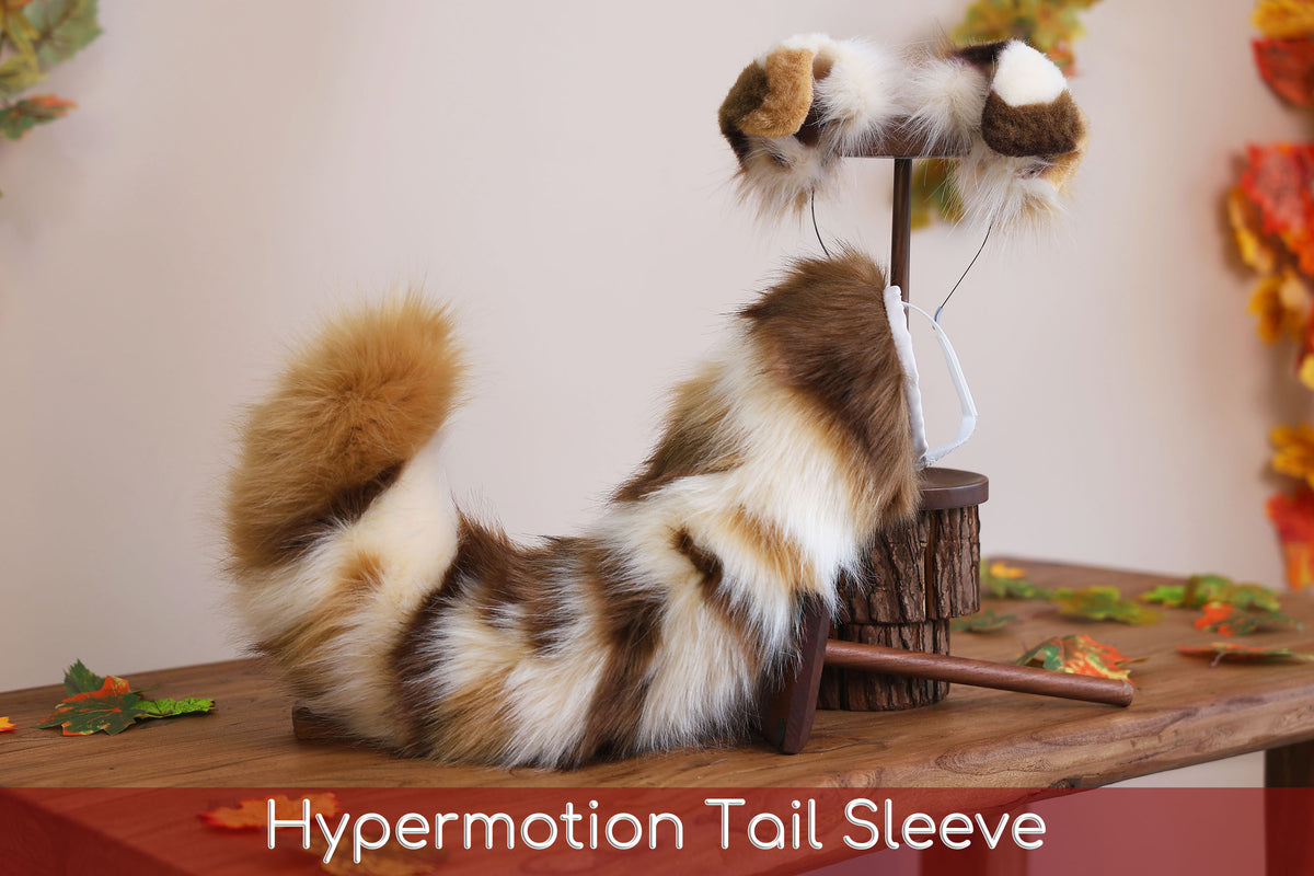 Calico hyper motion puppy tail sleeve and ears faux fur dog sleeves for silicone base - super motion tail covers - therian puppy kemonomimi