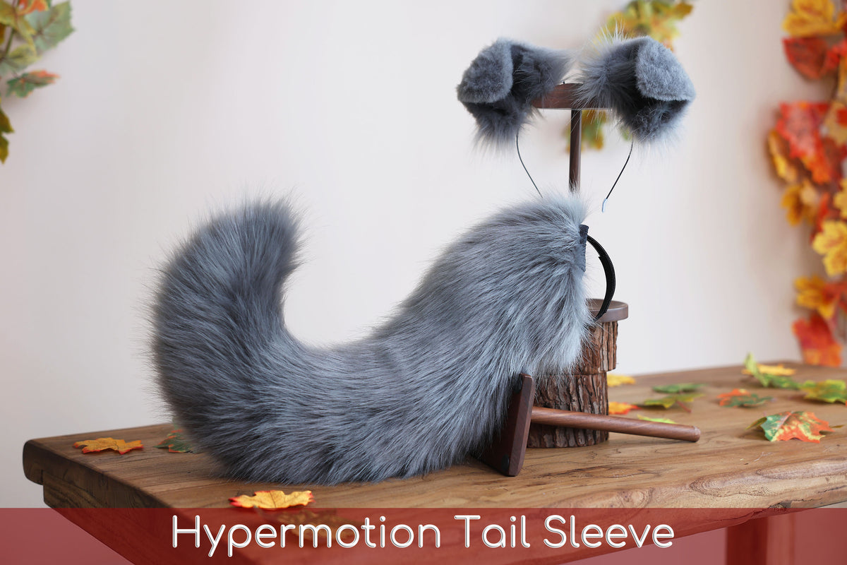 Dark gray faux fur puppy tail sleeve and ears faux fur dog sleeves for hyper motion silicone base - super motion tail covers therian kemonomimi