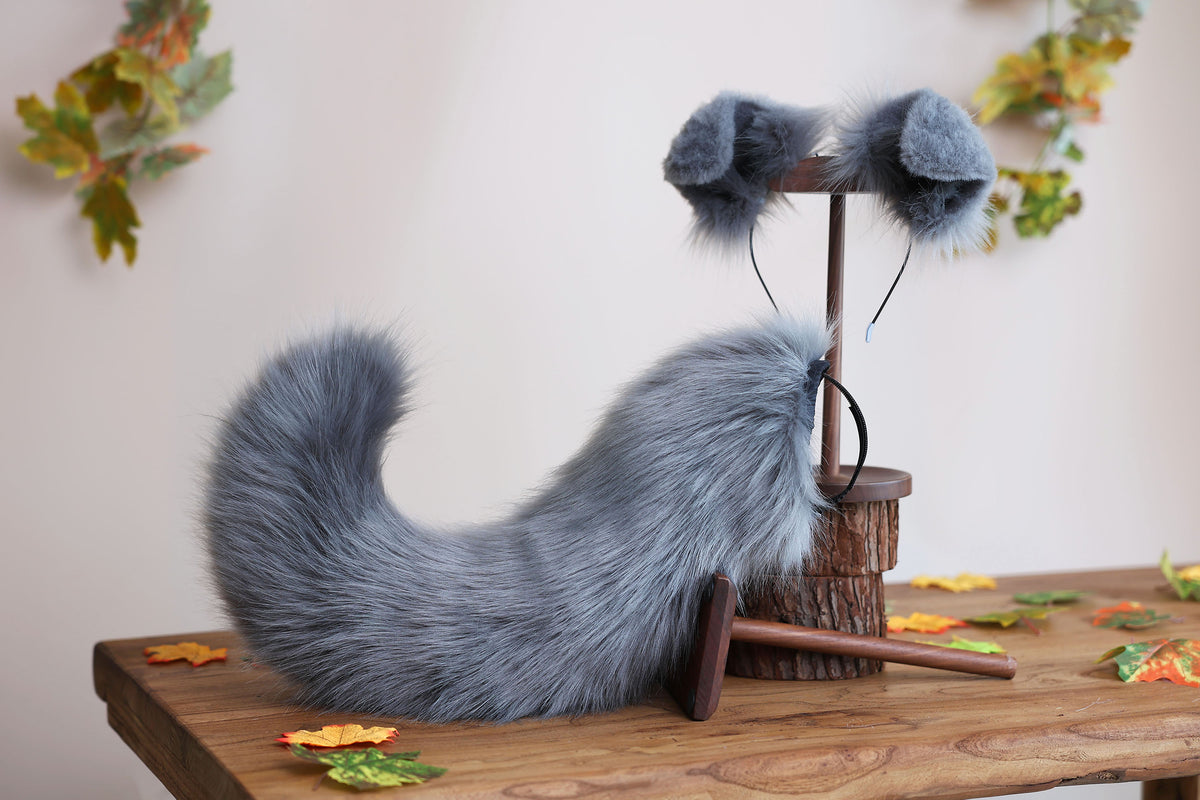 Dark gray faux fur puppy tail sleeve and ears faux fur dog sleeves for hyper motion silicone base - super motion tail covers therian kemonomimi