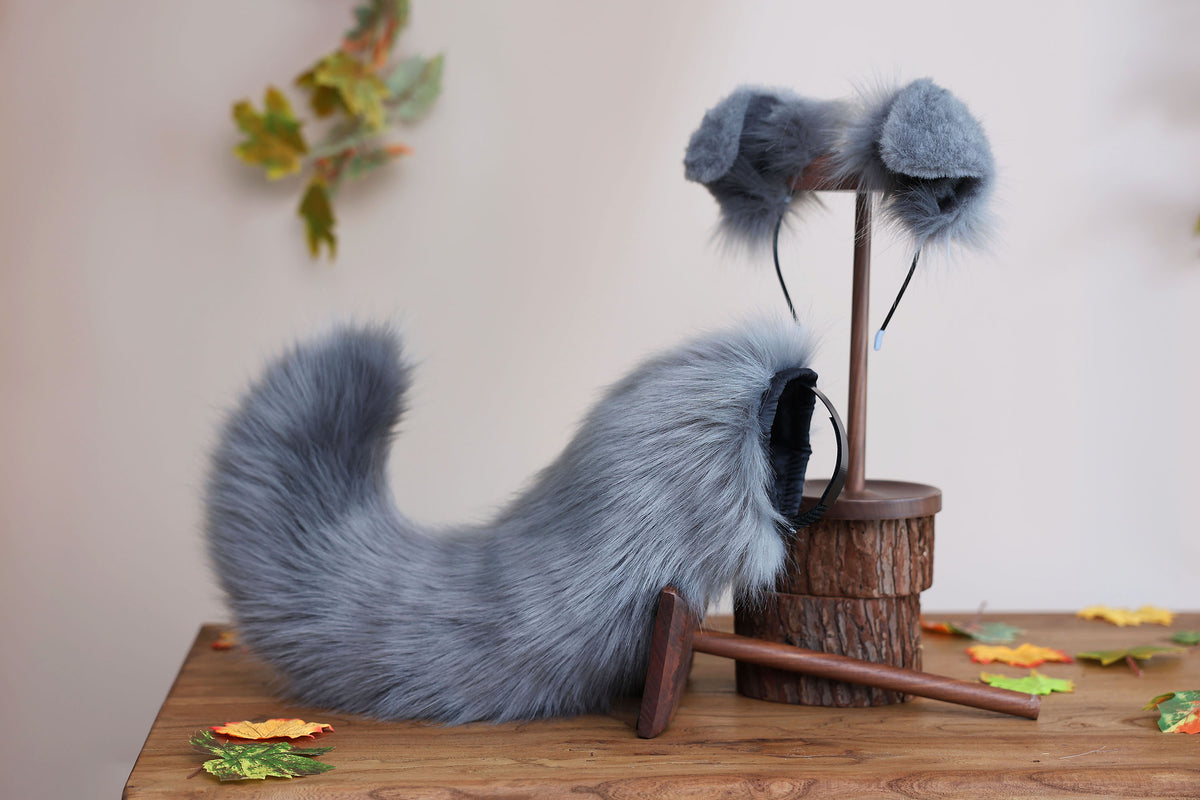 Dark gray faux fur puppy tail sleeve and ears faux fur dog sleeves for hyper motion silicone base - super motion tail covers therian kemonomimi