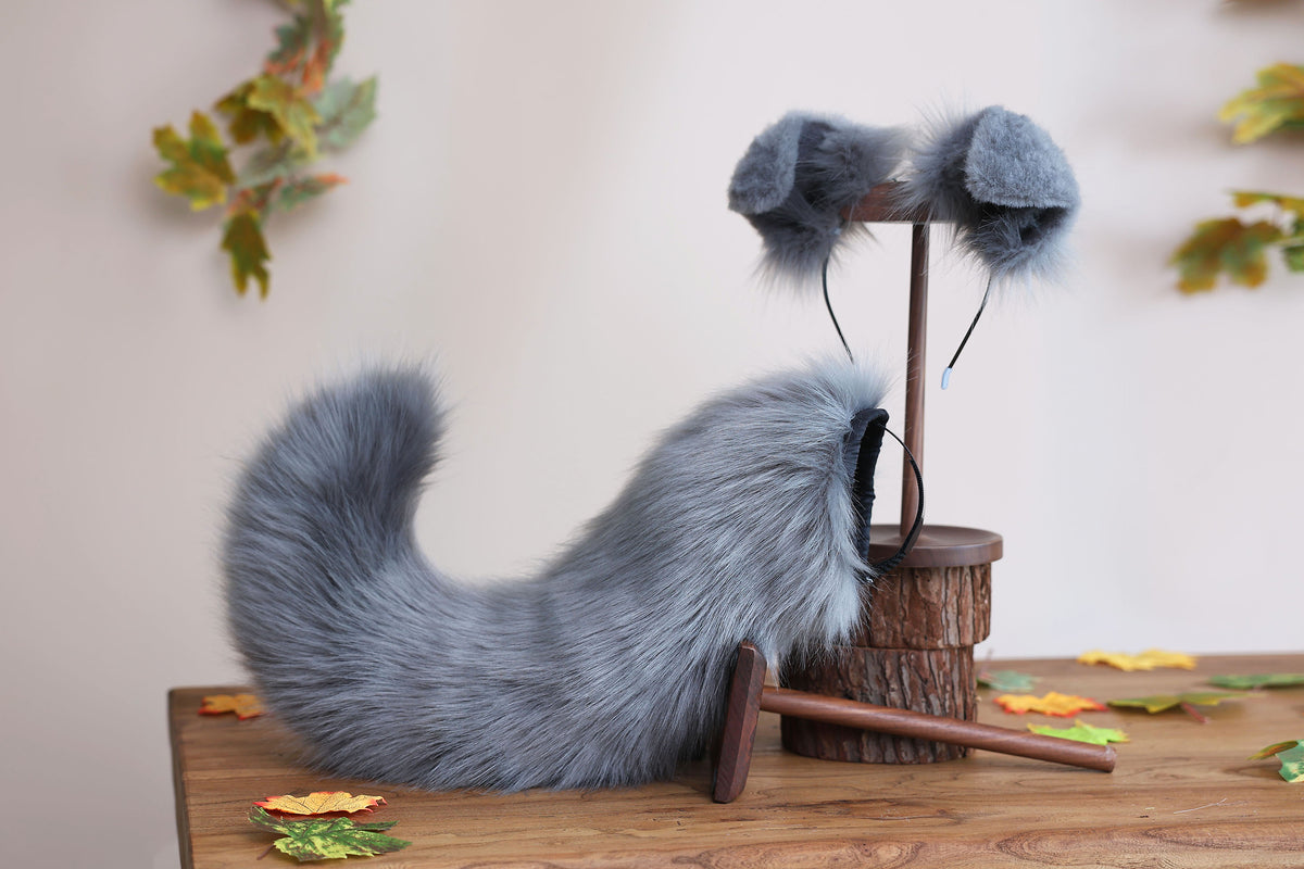 Dark gray faux fur puppy tail sleeve and ears faux fur dog sleeves for hyper motion silicone base - super motion tail covers therian kemonomimi