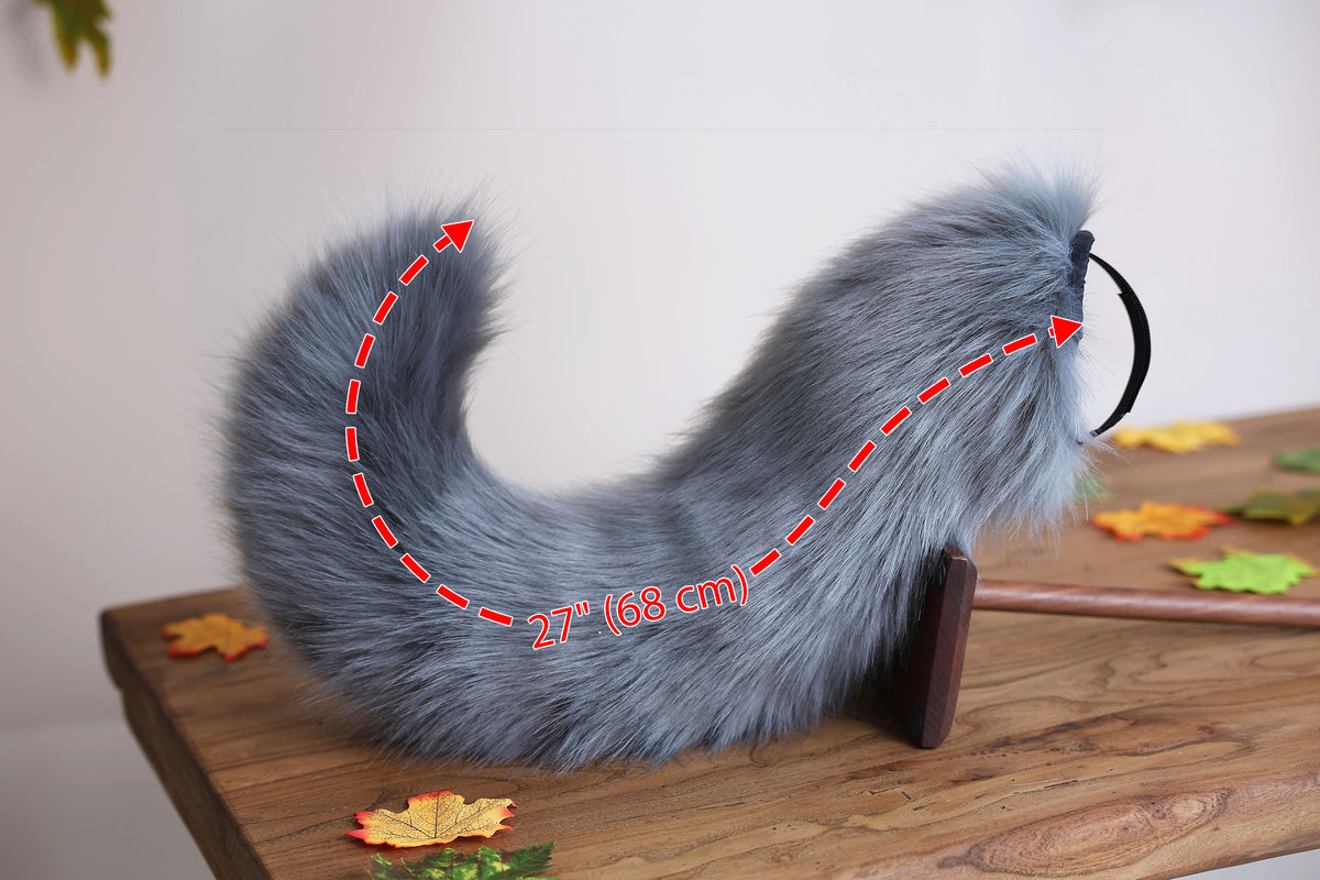 Dark gray faux fur puppy tail sleeve and ears faux fur dog sleeves for hyper motion silicone base - super motion tail covers therian kemonomimi