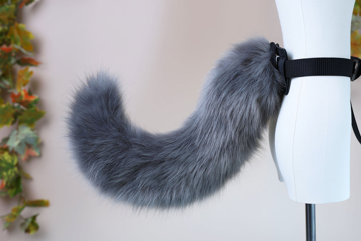Dark gray faux fur puppy tail sleeve and ears faux fur dog sleeves for hyper motion silicone base - super motion tail covers therian kemonomimi