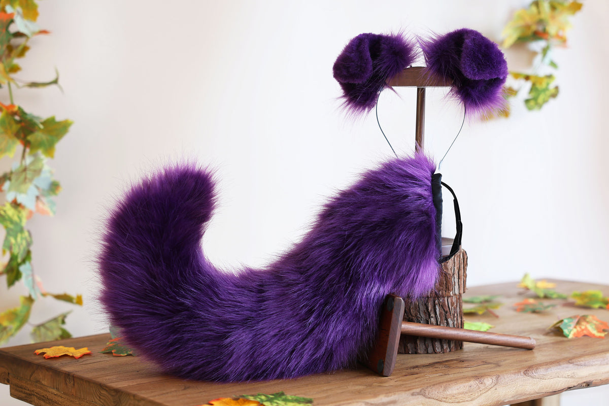 Dark purple faux fur puppy tail sleeve and ears faux fur dog sleeves for hyper motion silicone base - super motion tail covers therian kemonomimi