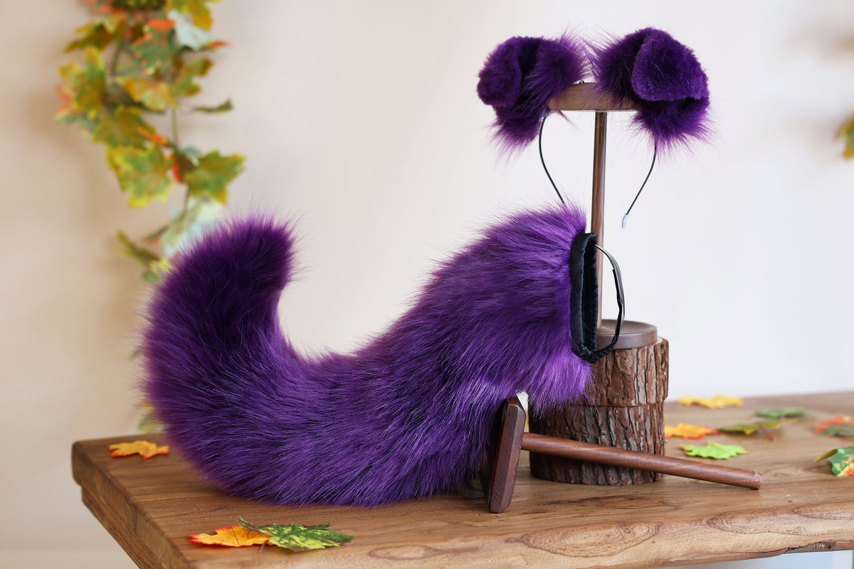 Dark purple faux fur puppy tail sleeve and ears faux fur dog sleeves for hyper motion silicone base - super motion tail covers therian kemonomimi