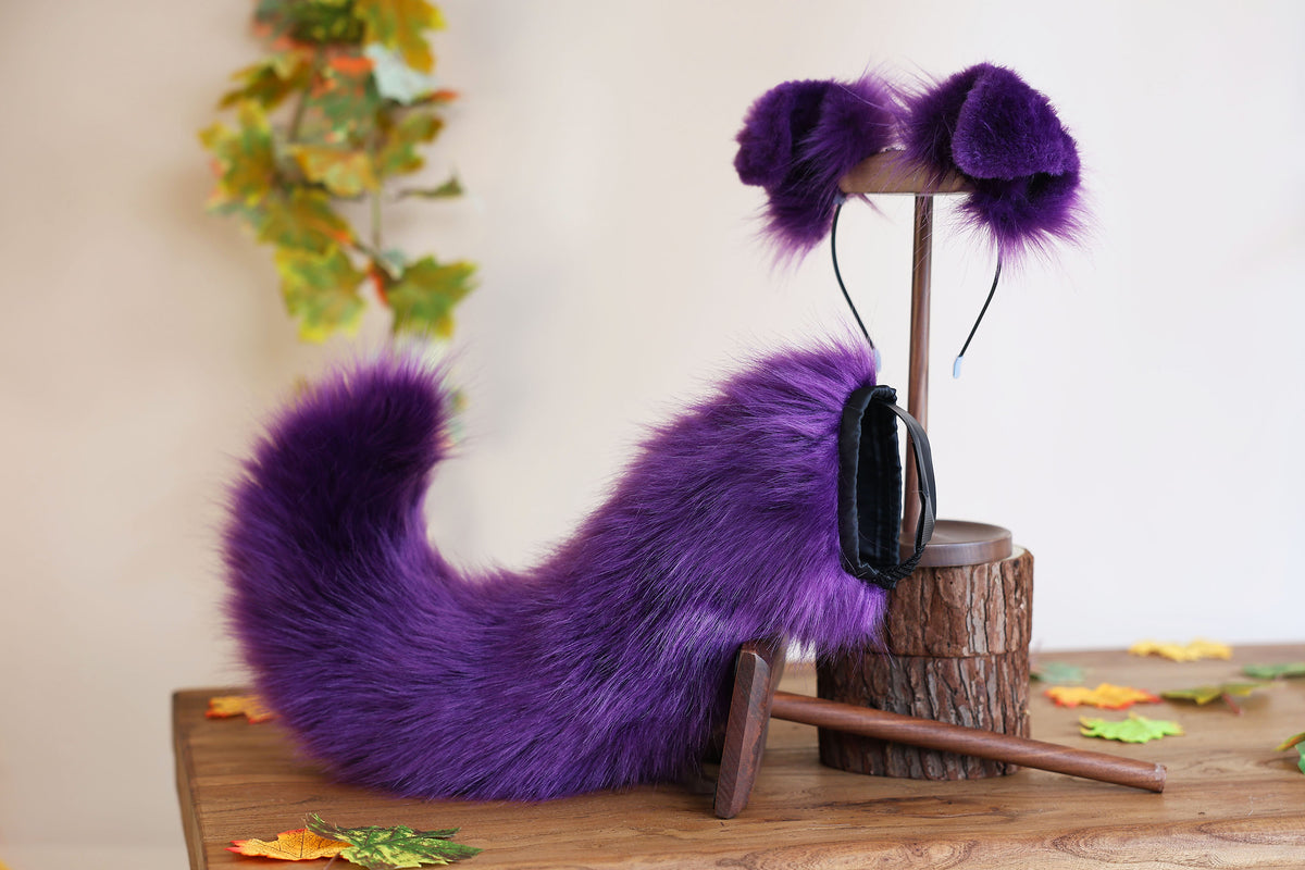 Dark purple faux fur puppy tail sleeve and ears faux fur dog sleeves for hyper motion silicone base - super motion tail covers therian kemonomimi