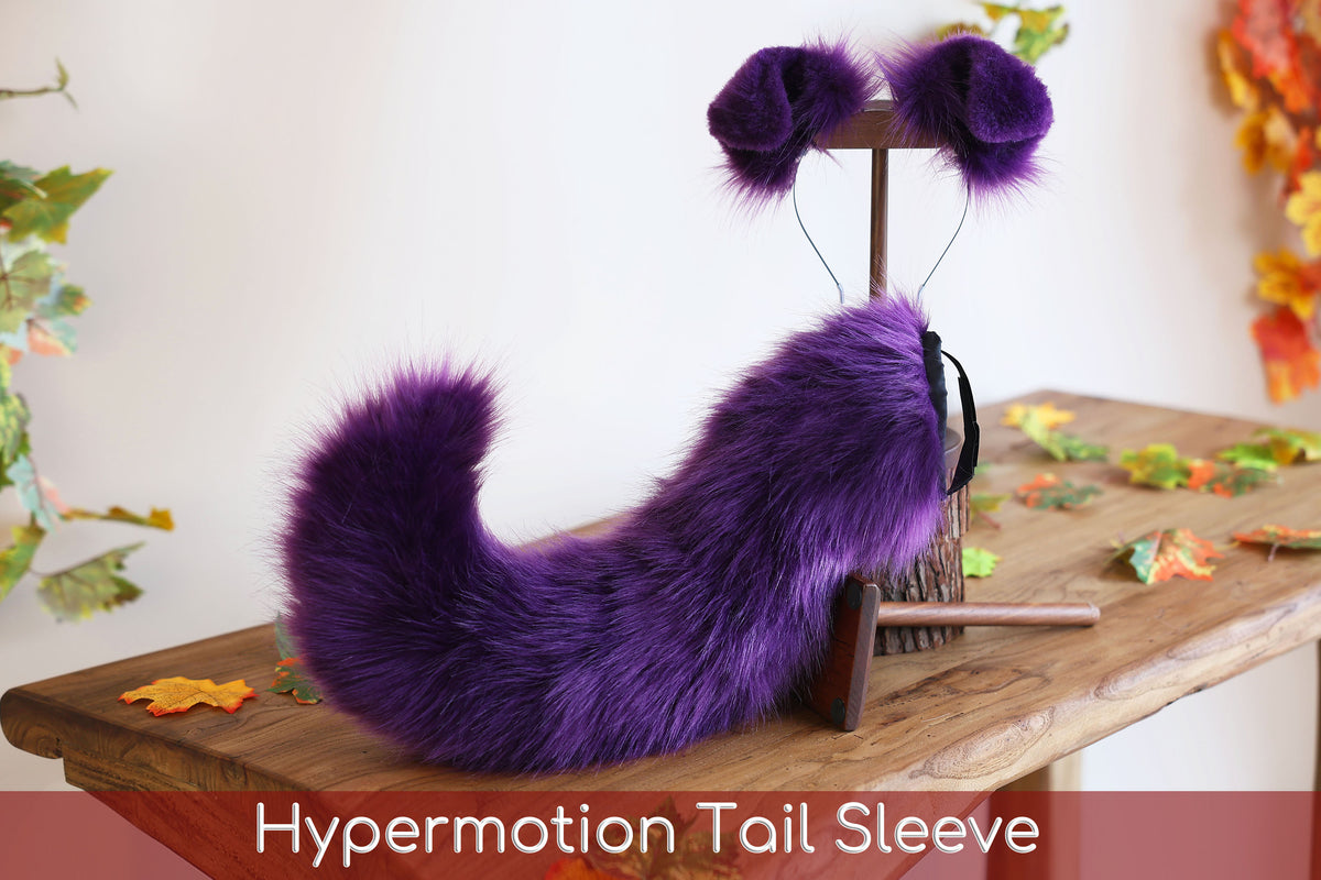 Dark purple faux fur puppy tail sleeve and ears faux fur dog sleeves for hyper motion silicone base - super motion tail covers therian kemonomimi