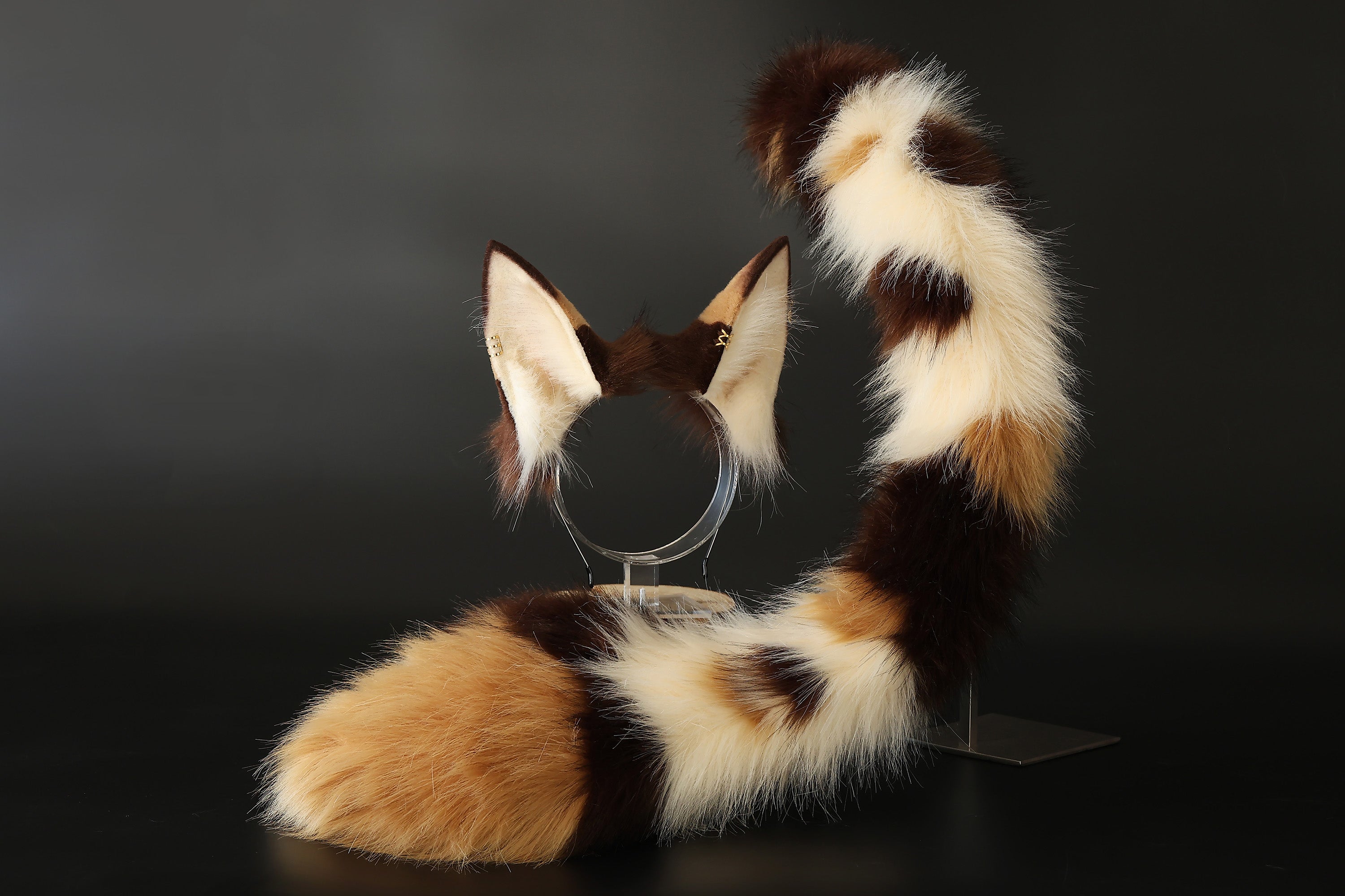 Faux fur calico cat ears and tail butt plug curved puppy tail and ears wolf tail and ears fox ears and tail set anime cosplay role play