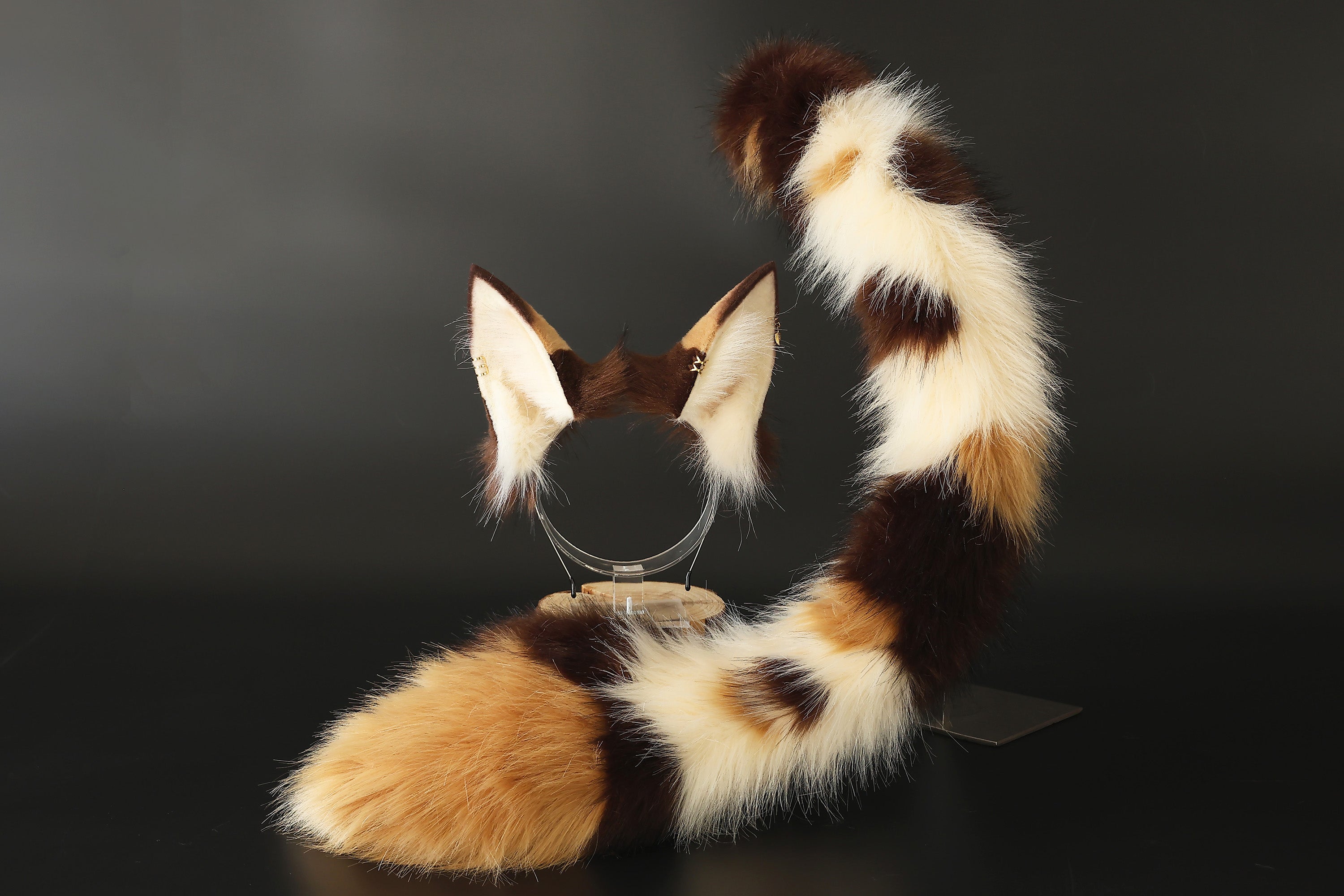 Faux fur calico cat ears and tail butt plug curved puppy tail and ears wolf tail and ears fox ears and tail set anime cosplay role play