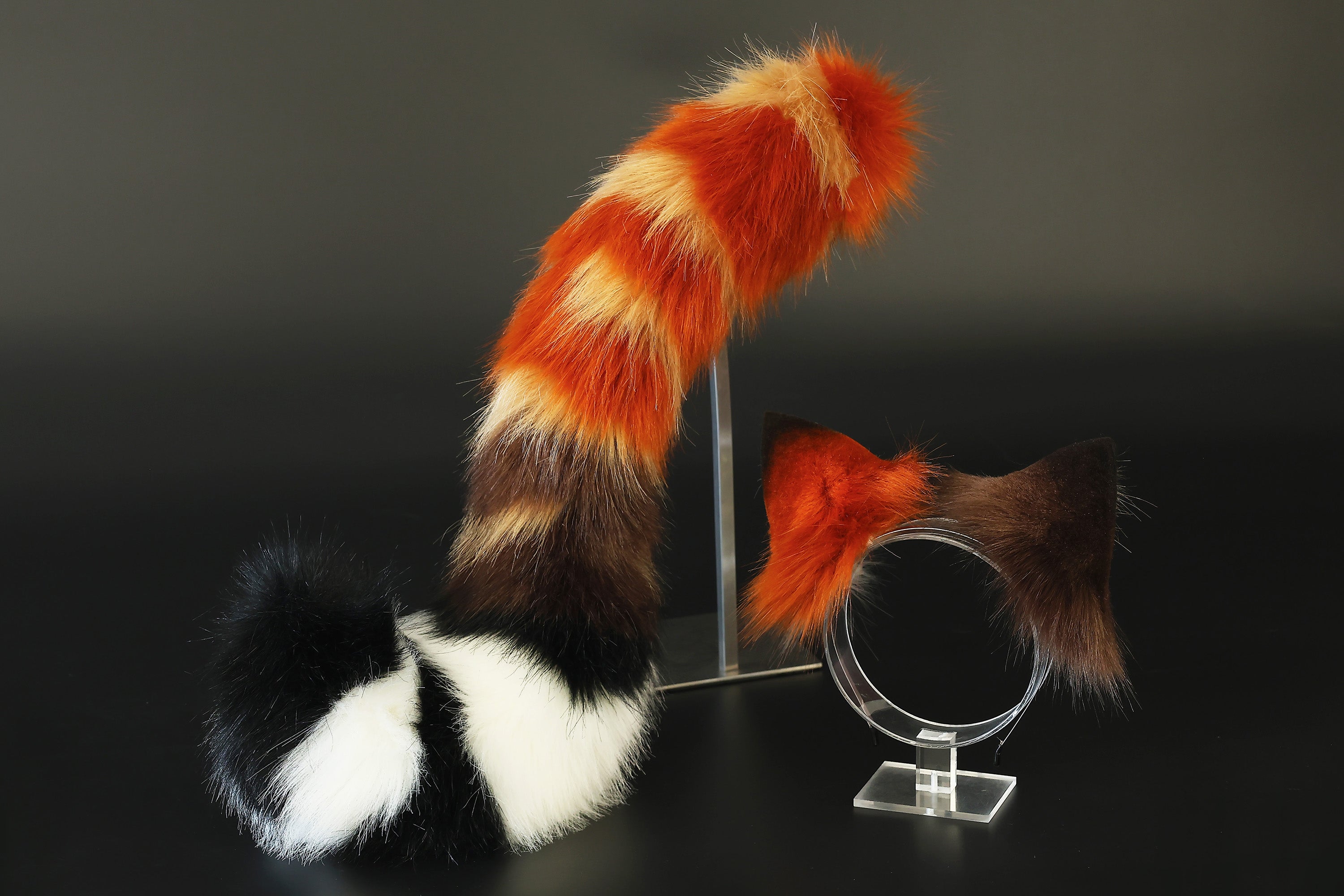 Faux fur cat ears and tail butt plug brown stripes kitten tail and ears curved lynx cat tail and ear therian anime cosplay kitten kemonomimi role play
