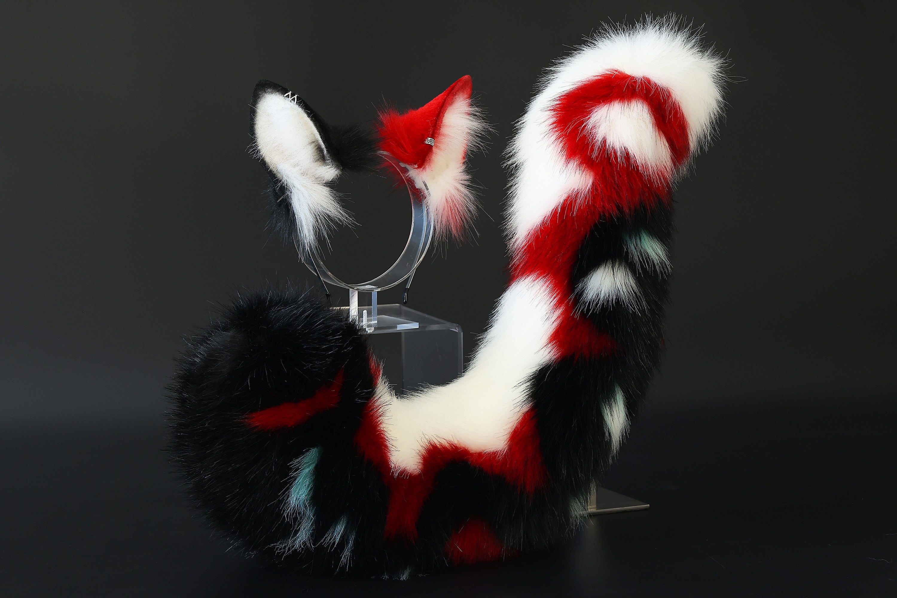 Faux fur cat tail and ear red white stripes kitten ear and tail butt plug anime cosplay therian fox ear and tail wolf ear and tail cat kemonomimi