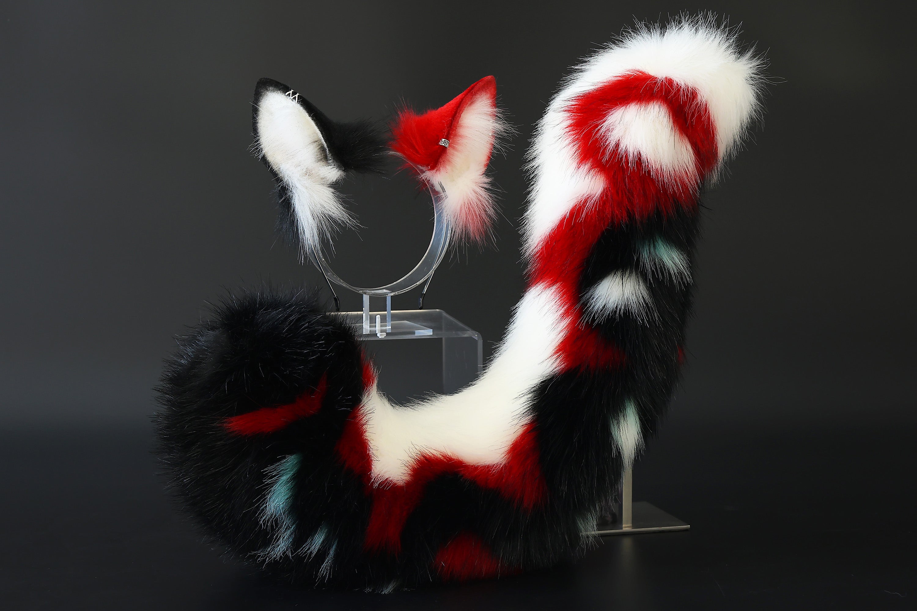 Faux fur cat tail and ear red white stripes kitten ear and tail butt plug anime cosplay therian fox ear and tail wolf ear and tail cat kemonomimi