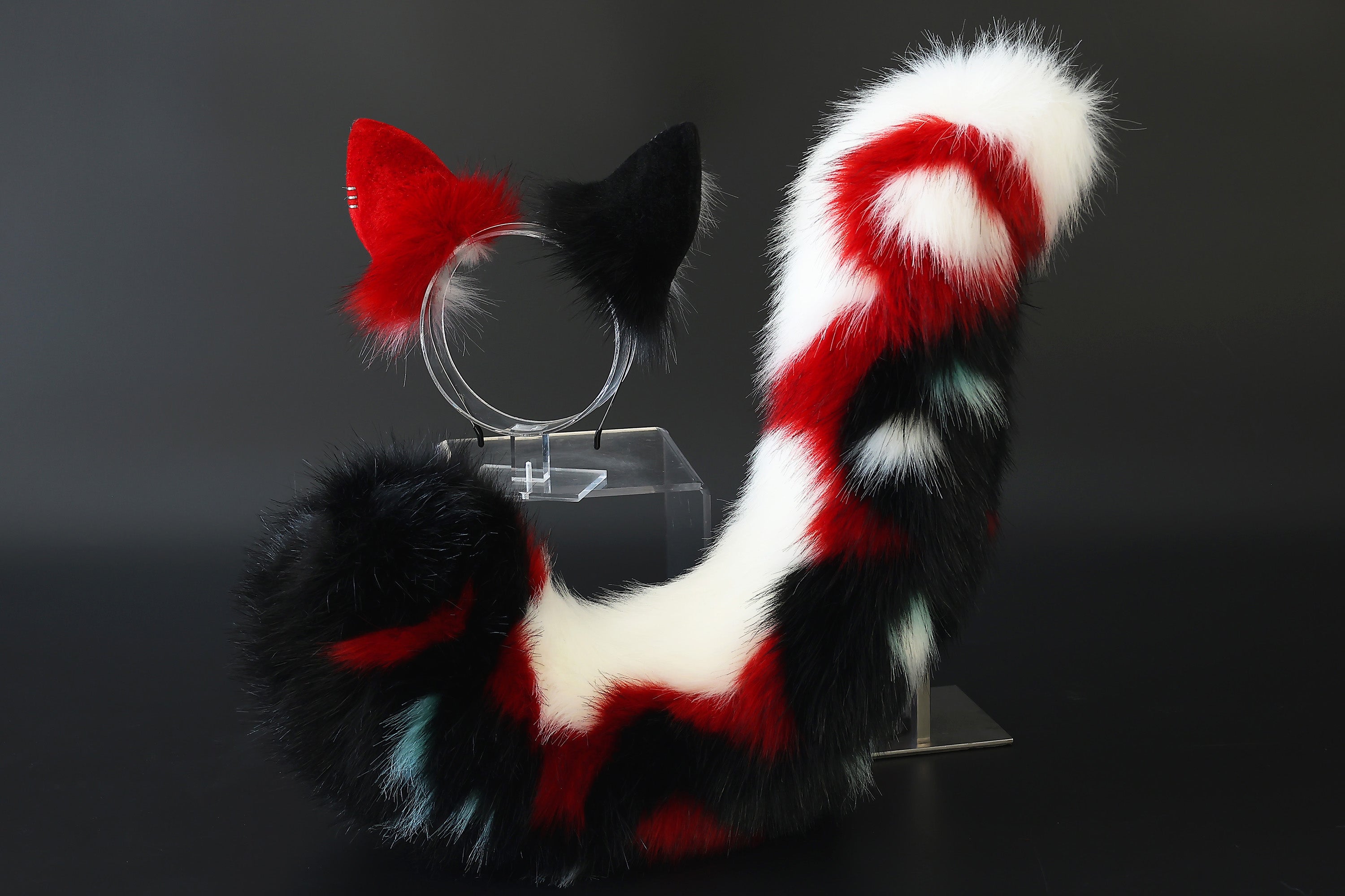 Faux fur cat tail and ear red white stripes kitten ear and tail butt plug anime cosplay therian fox ear and tail wolf ear and tail cat kemonomimi