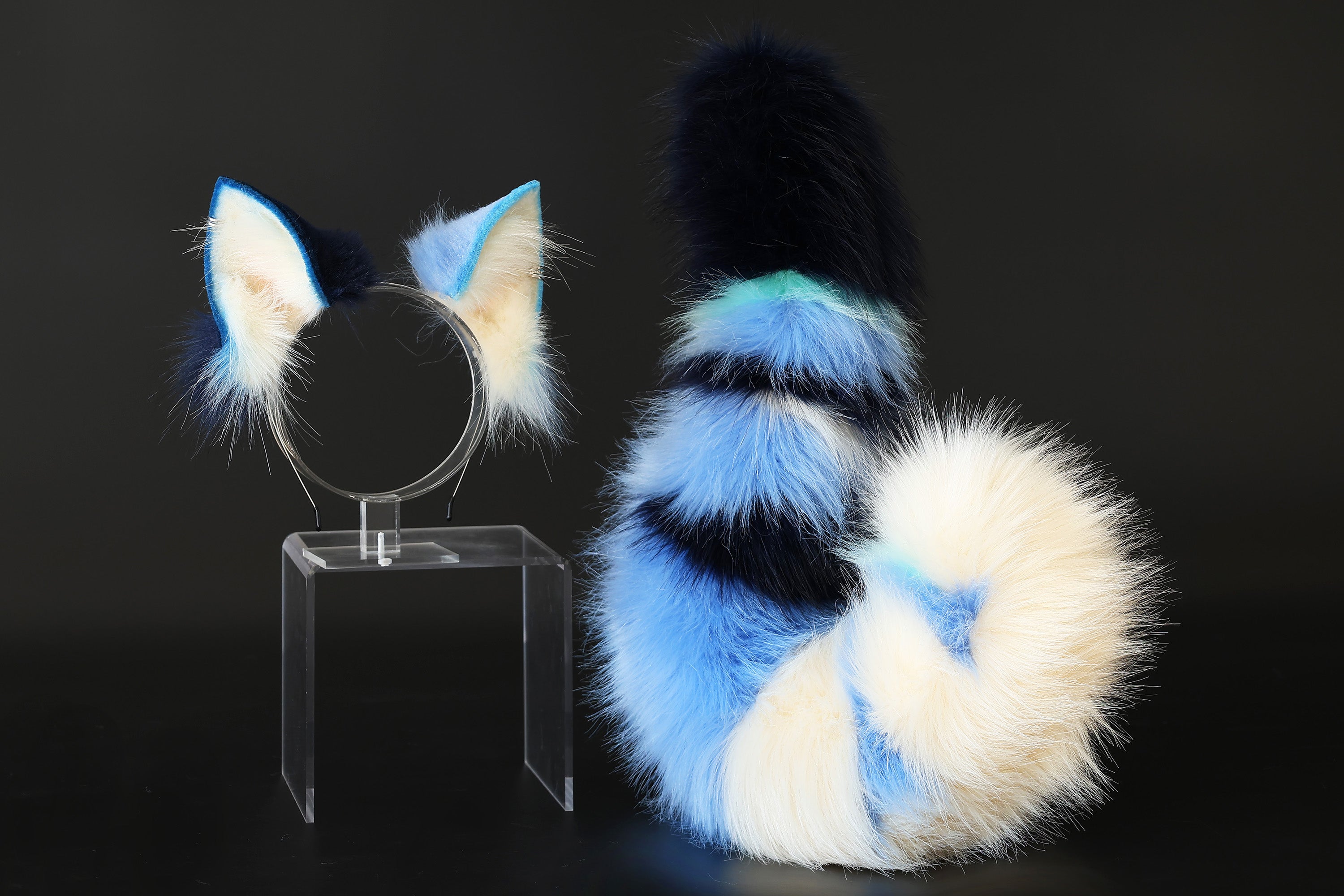 Faux fur cat tail and ear set blue white black kitten ear and tail butt plug anime cosplay therian fox ear and tail wolf ear and tail cat kemonomimi kitten