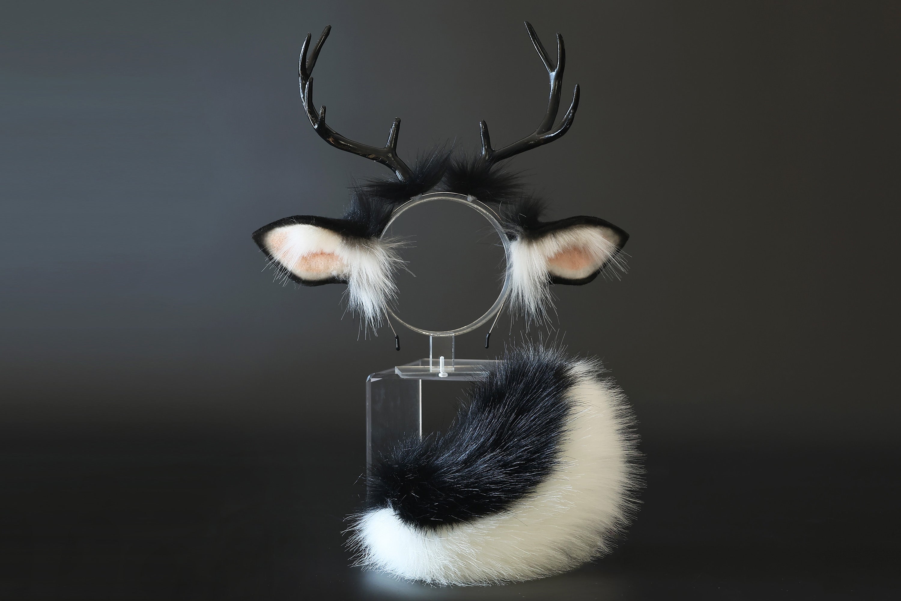Faux fur deer ears and tail butt plug deer kemonomimi deer cosplay black deer ears with horns therian anime cosplay christmas gift birthday
