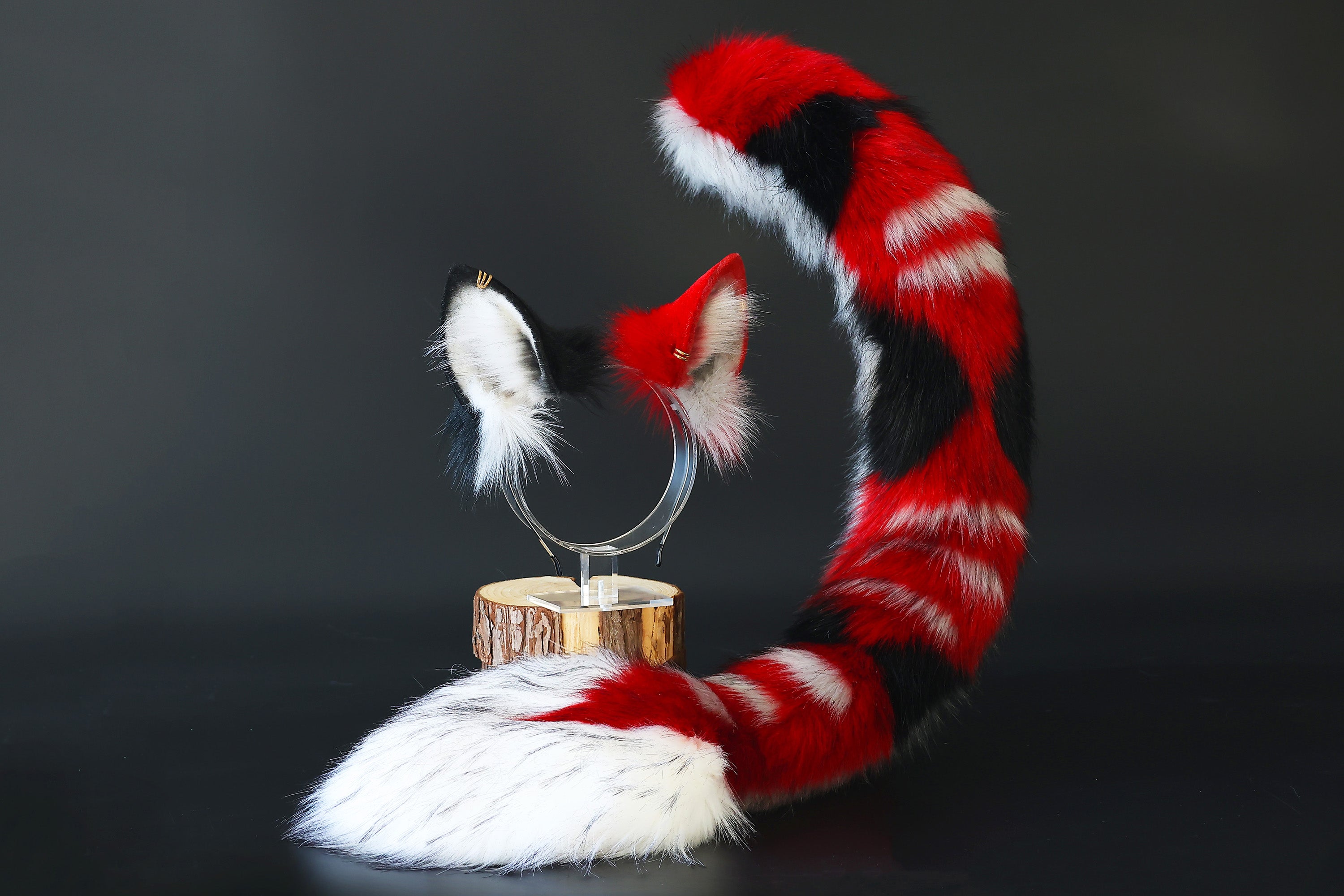 Faux fur red dragon tail and ear anime cosplay fluffy tipped dragon wirin wickerbeast fursuit tail ear furry tail lolita kemonomimi therian