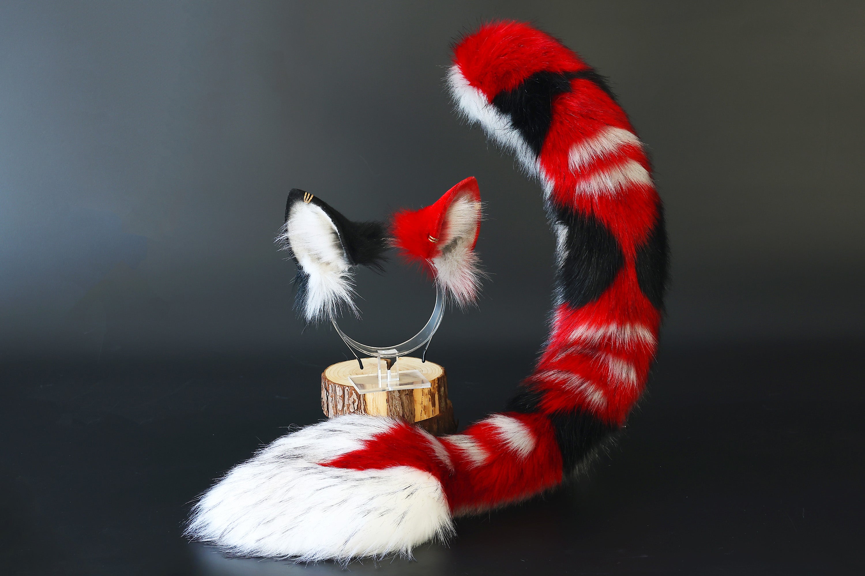 Faux fur red dragon tail and ear anime cosplay fluffy tipped dragon wirin wickerbeast fursuit tail ear furry tail lolita kemonomimi therian