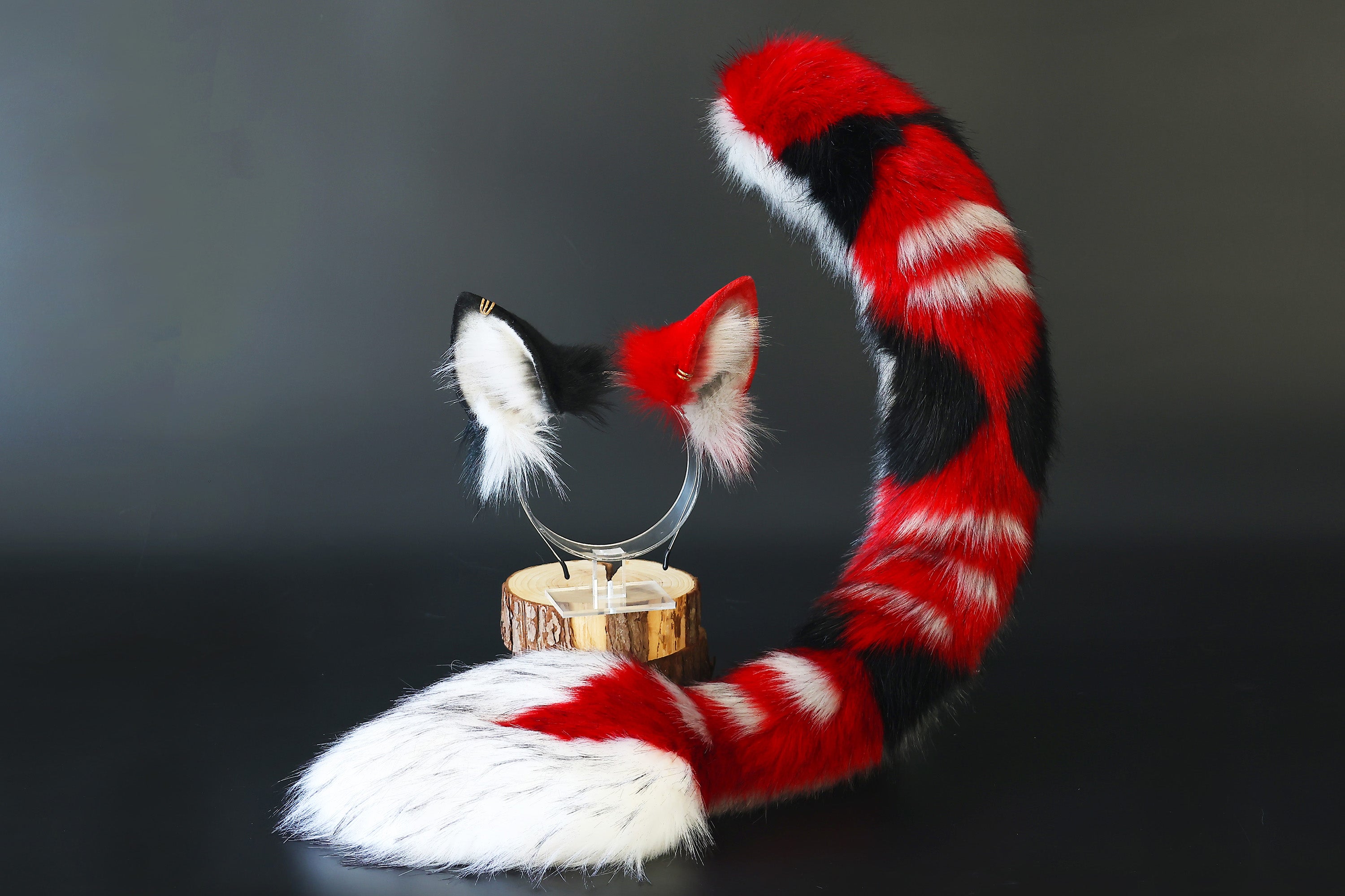 Faux fur red dragon tail and ear anime cosplay fluffy tipped dragon wirin wickerbeast fursuit tail ear furry tail lolita kemonomimi therian