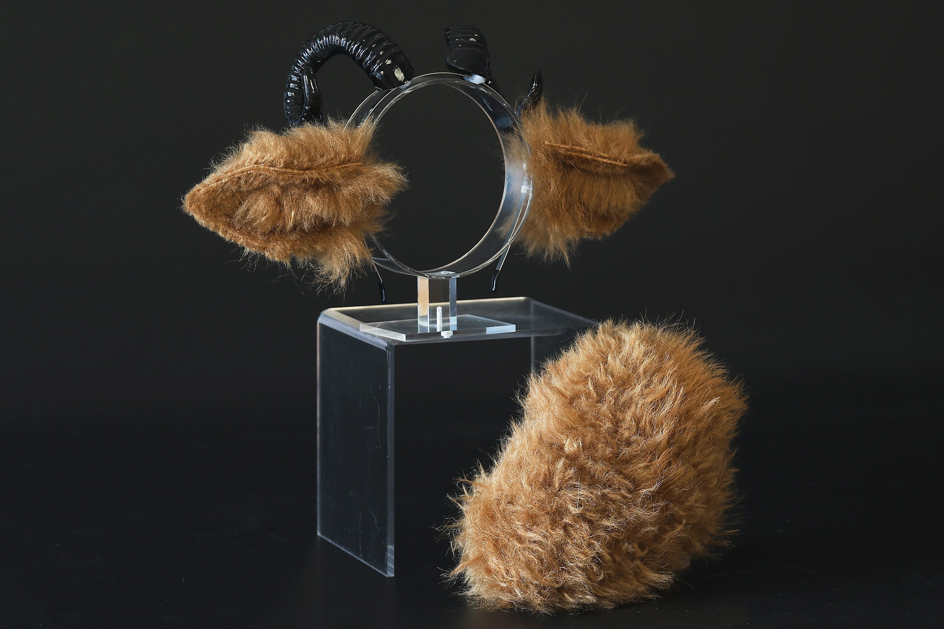 Faux fur sheep costume ears and tail butt plug goat kemonomimi sheep cosplay brown sheep ears with horns therian anime cosplay christmas gift birthday