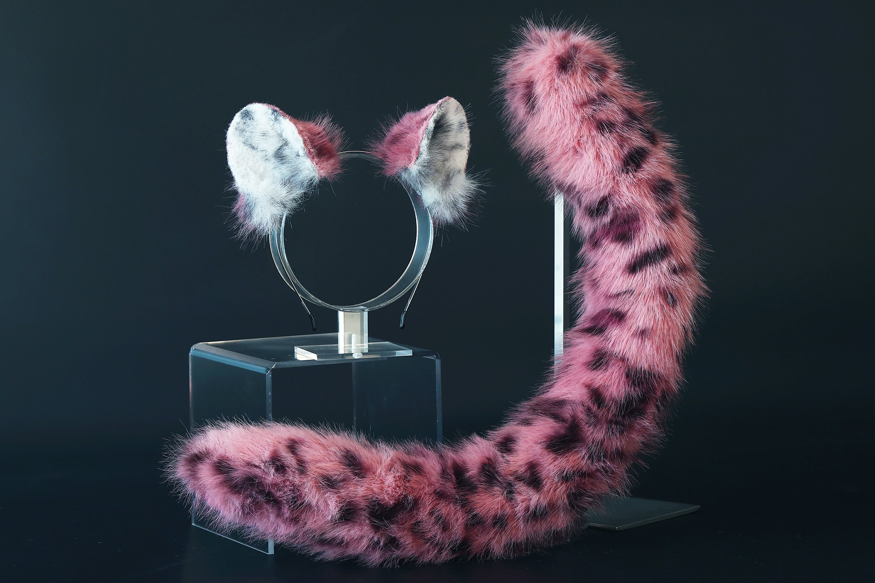Faux fur snow leopard ear and tail butt plug set role play snow leopard cosplay ear and tail therian spotted leopard kemonomimi christmas gift furry