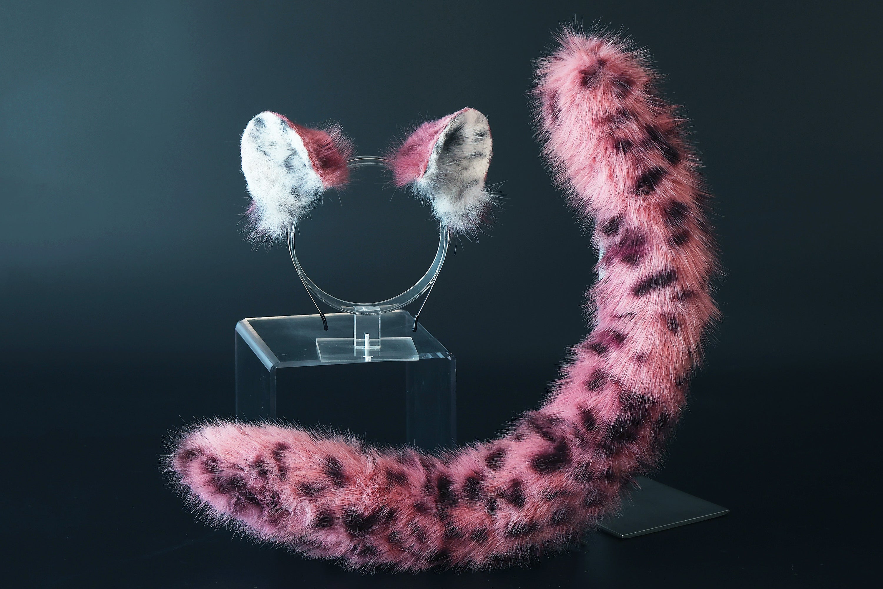 Faux fur snow leopard ear and tail butt plug set role play snow leopard cosplay ear and tail therian spotted leopard kemonomimi christmas gift furry