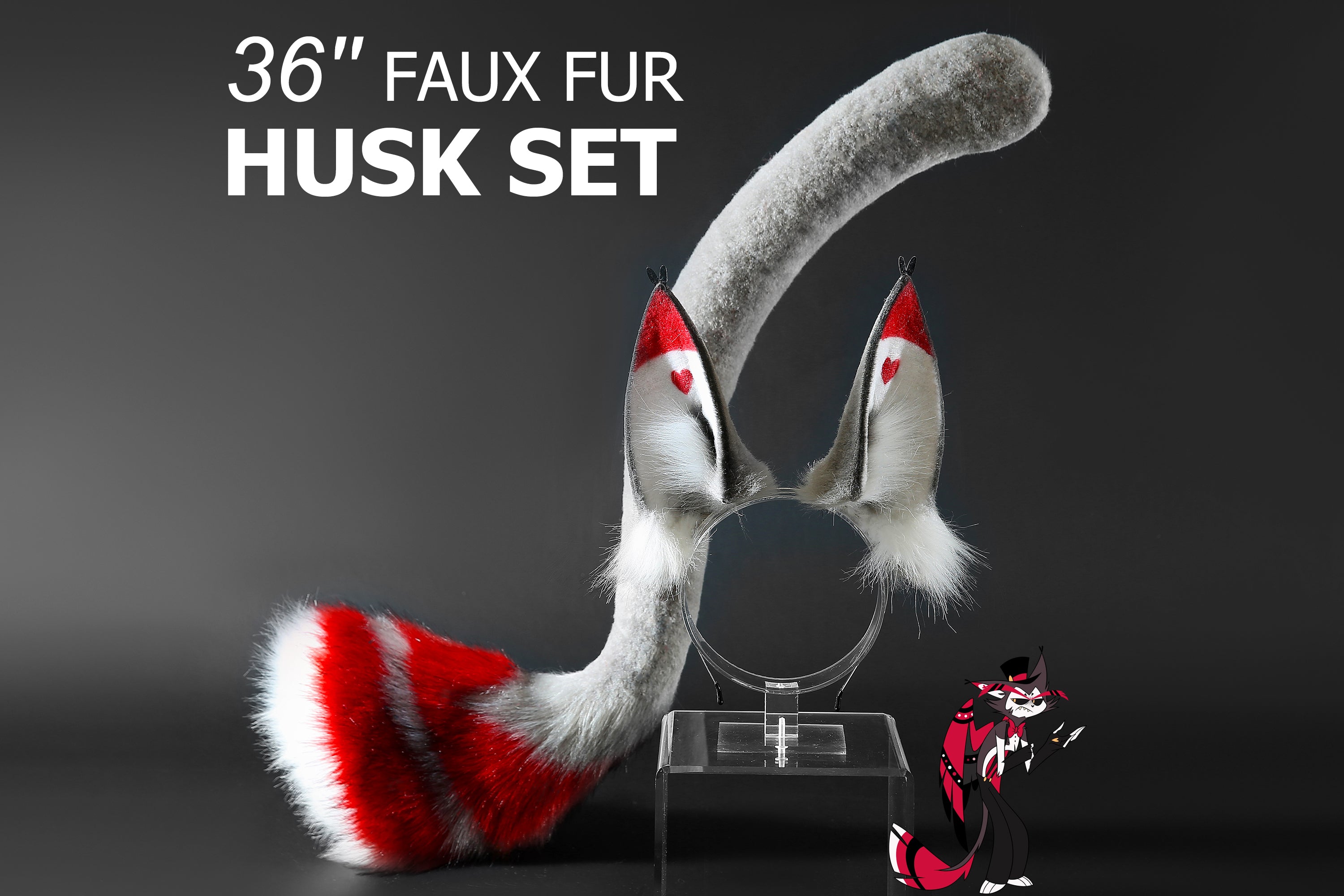 Husk Ears Husk tail Hazbin Hotel Cosplay Ears - Husk Tail Cosplay - Faux Fur Hazbin Hotel Husk Ears and Tail - Husker Ears and Tug Tail Gray