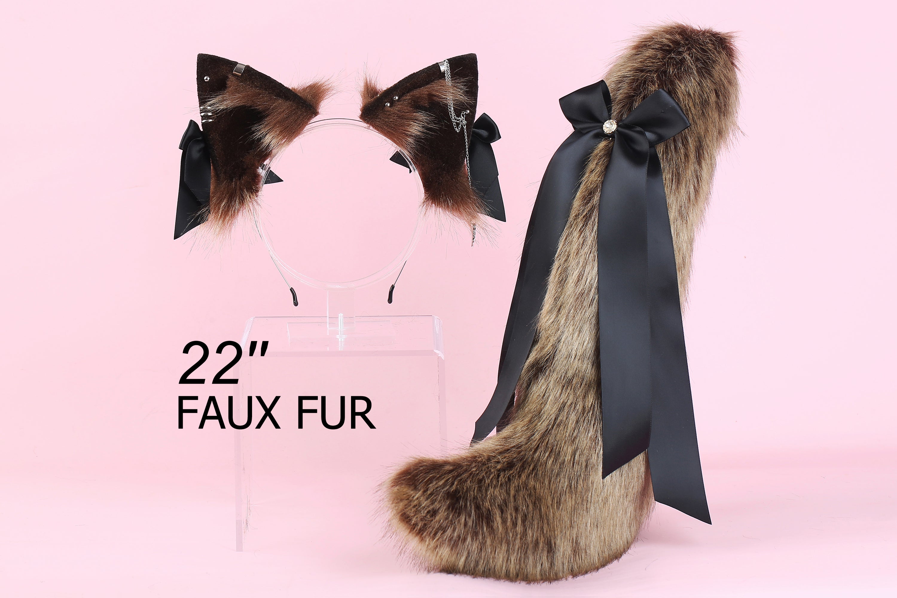 Brown faux fur fox tail plug and ear wolf tail buttplug and ear kitten ear and tail plug set curved tail and ear plug cosplay -mature