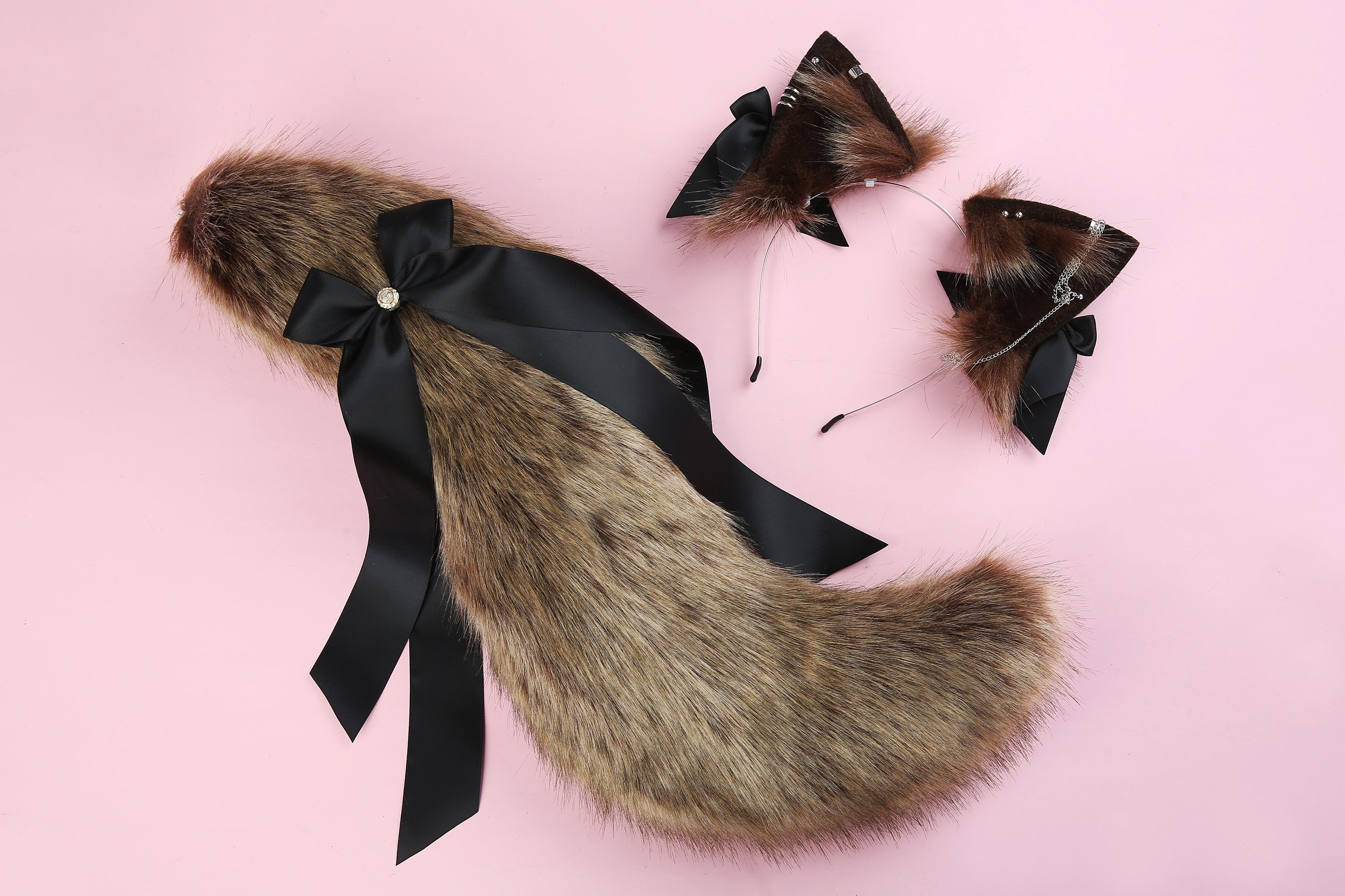 Brown faux fur fox tail plug and ear wolf tail buttplug and ear kitten ear and tail plug set curved tail and ear plug cosplay -mature