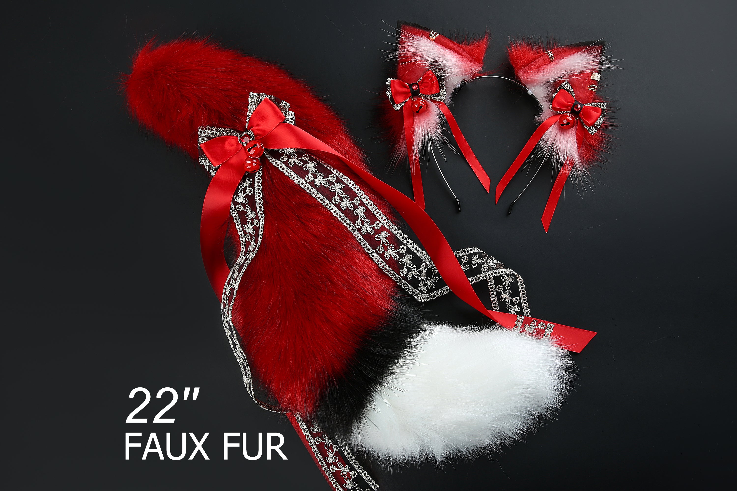 Red faux fur fox tail plug and ear wolf tail buttplug and ear kitten ear and tail plug set curved tail and ear plug cosplay -mature