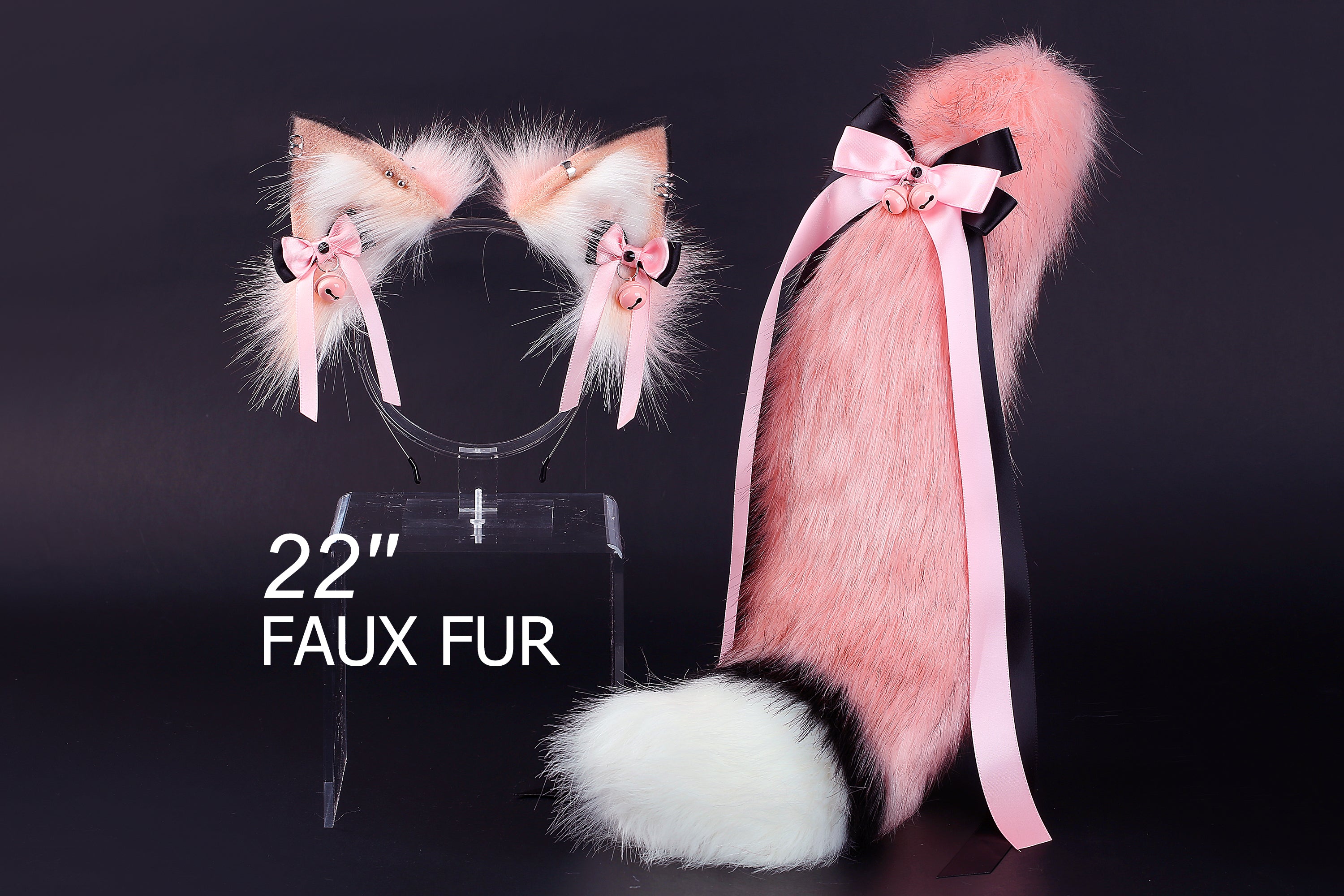 Pink white faux fur fox tail plug and ear wolf tail buttplug and ear kitten ear and tail plug set curved tail and ear plug cosplay -mature