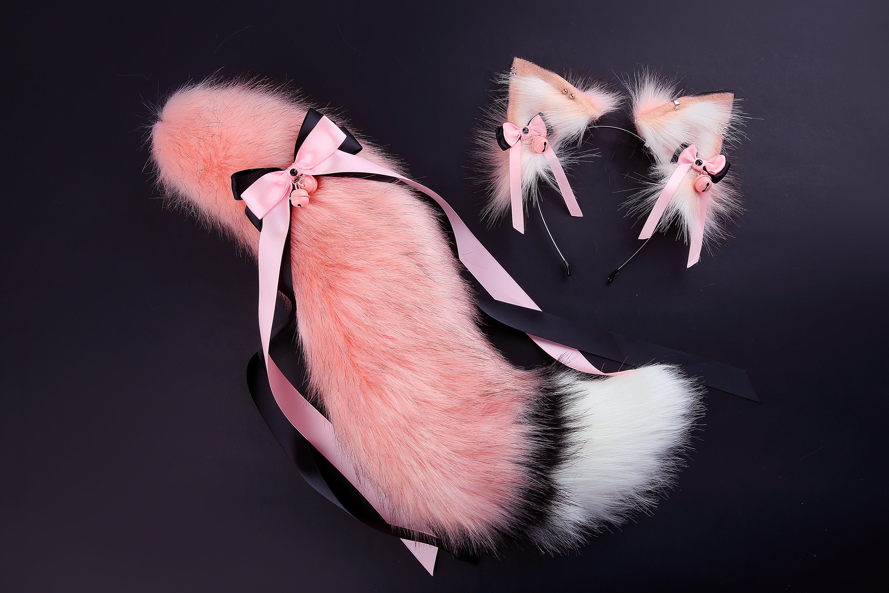 Pink white faux fur fox tail plug and ear wolf tail buttplug and ear kitten ear and tail plug set curved tail and ear plug cosplay -mature