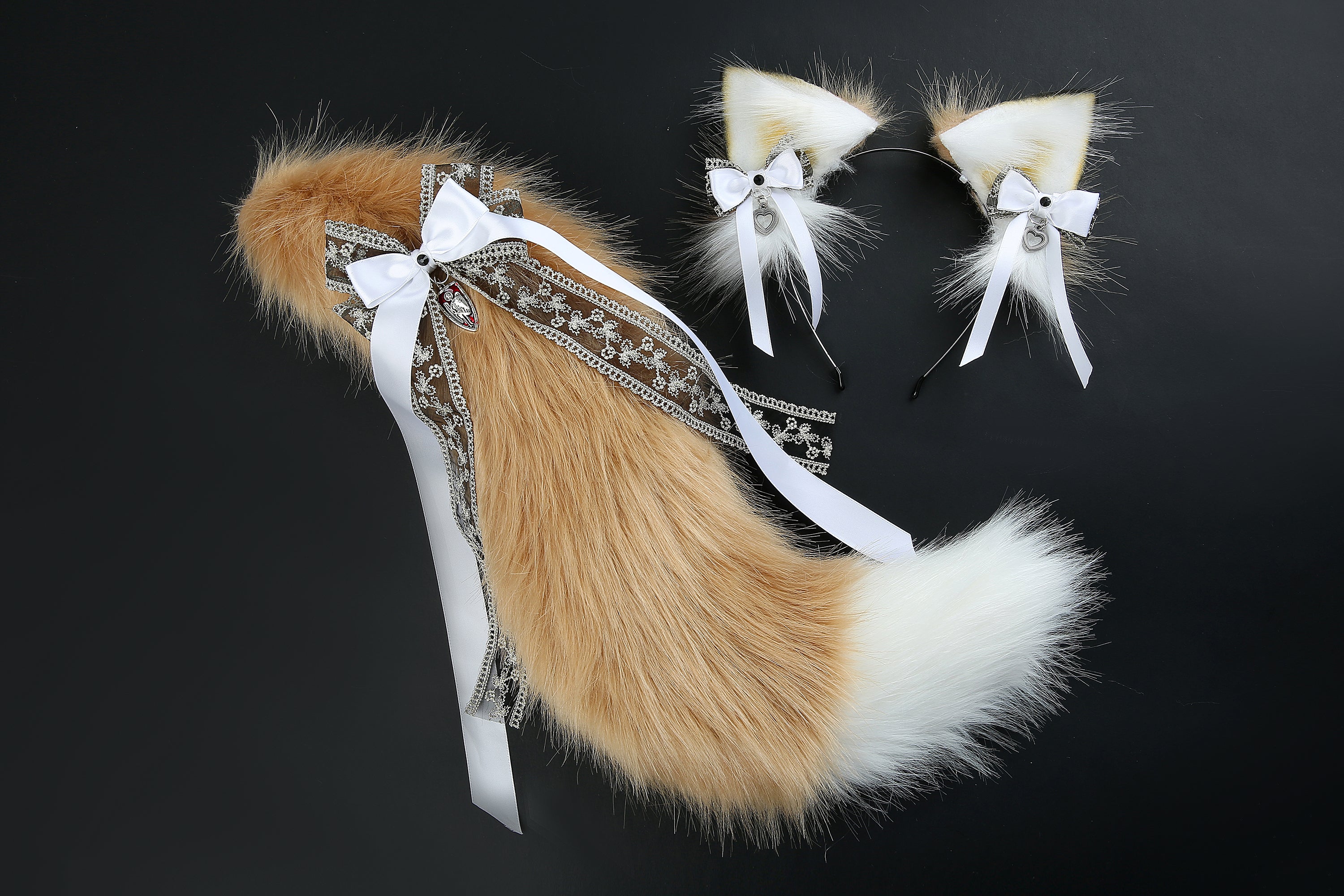 faux fur fox tail plug and ear wolf tail buttplug and ear kitten ear and tail plug set curved tail and ear plug cosplay -mature