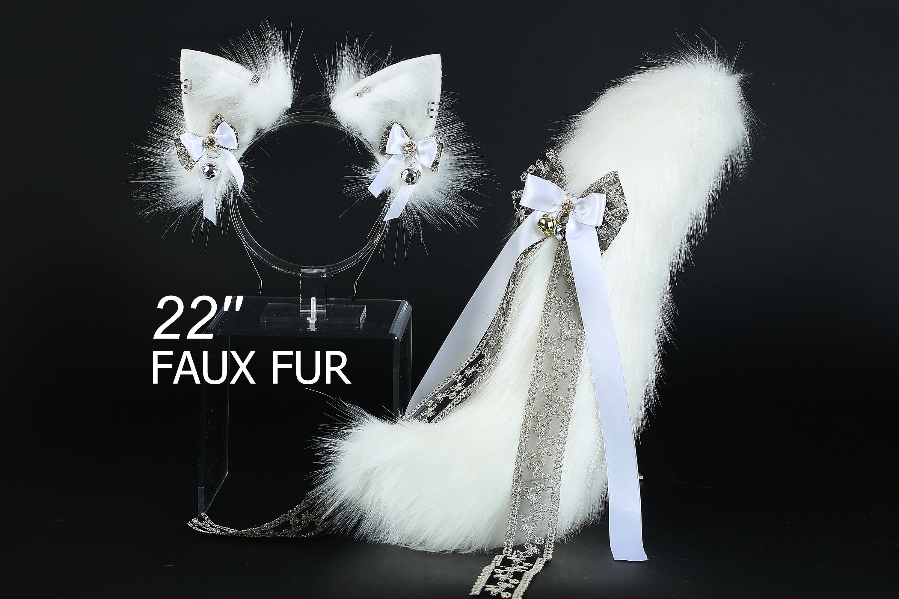 White faux fur fox tail plug and ear wolf tail buttplug and ear kitten ear and tail plug set curved tail and ear plug cosplay -mature