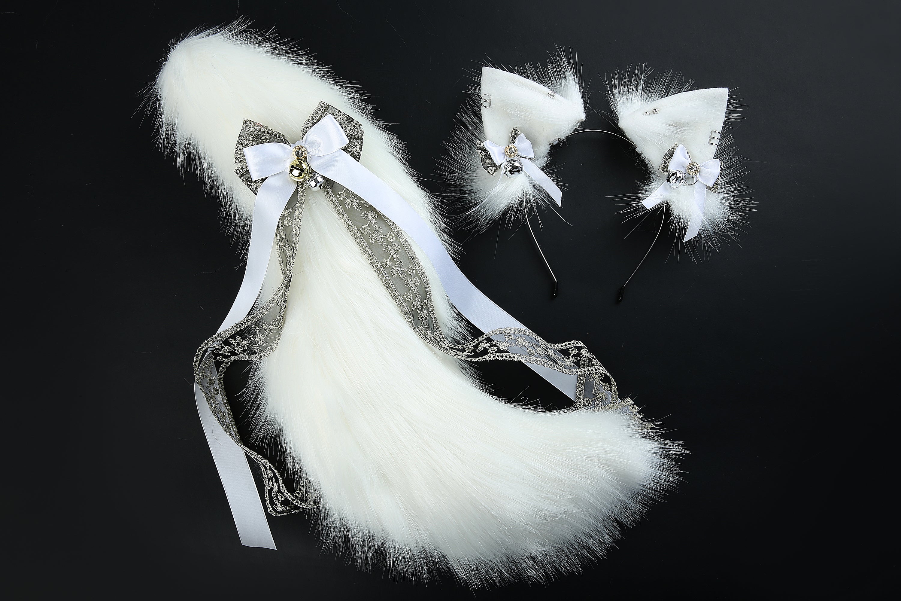 White faux fur fox tail plug and ear wolf tail buttplug and ear kitten ear and tail plug set curved tail and ear plug cosplay -mature