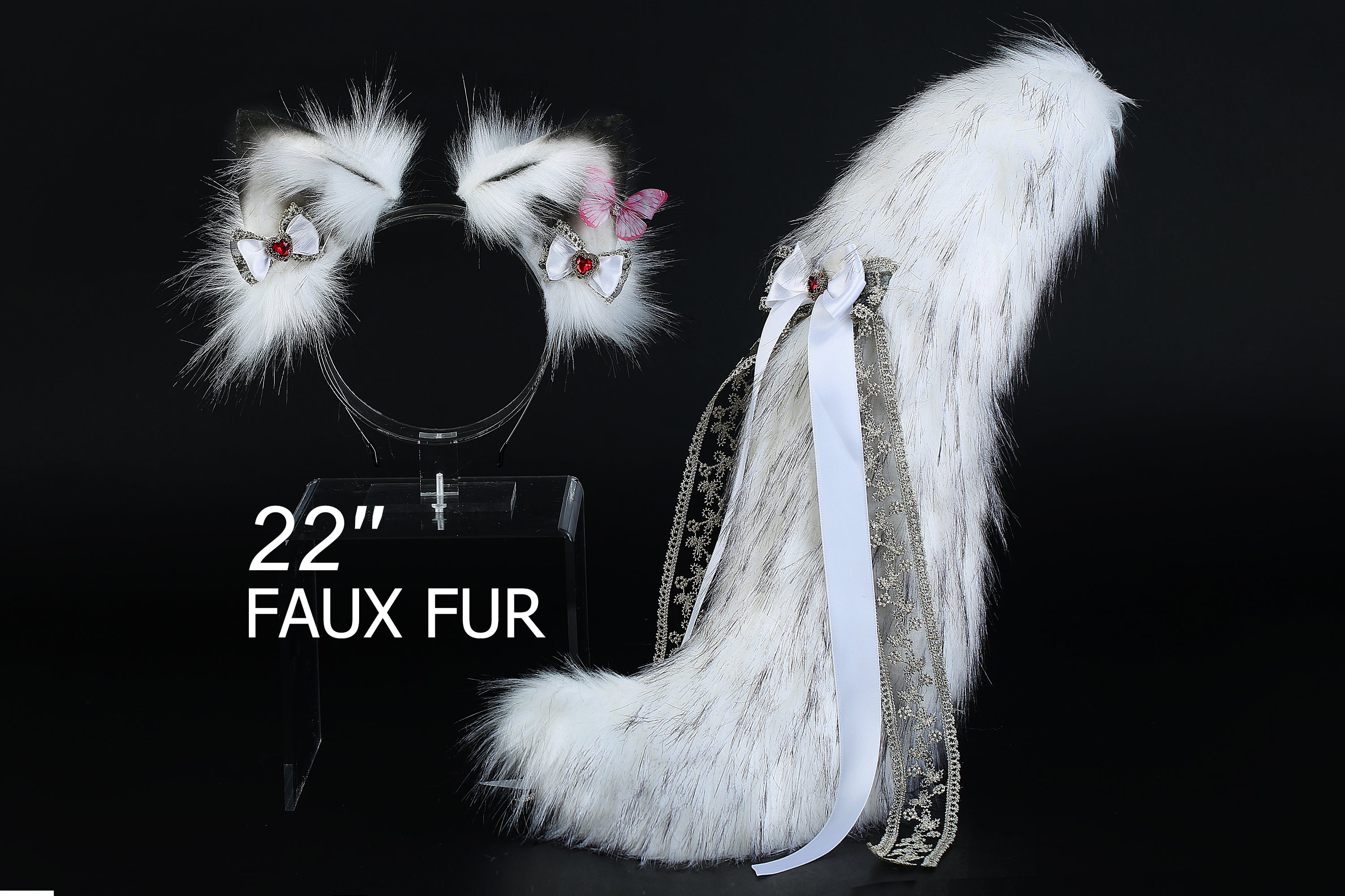 White black faux fur fox tail plug and ear wolf tail buttplug and ear kitten ear and tail plug set curved tail and ear plug cosplay -mature