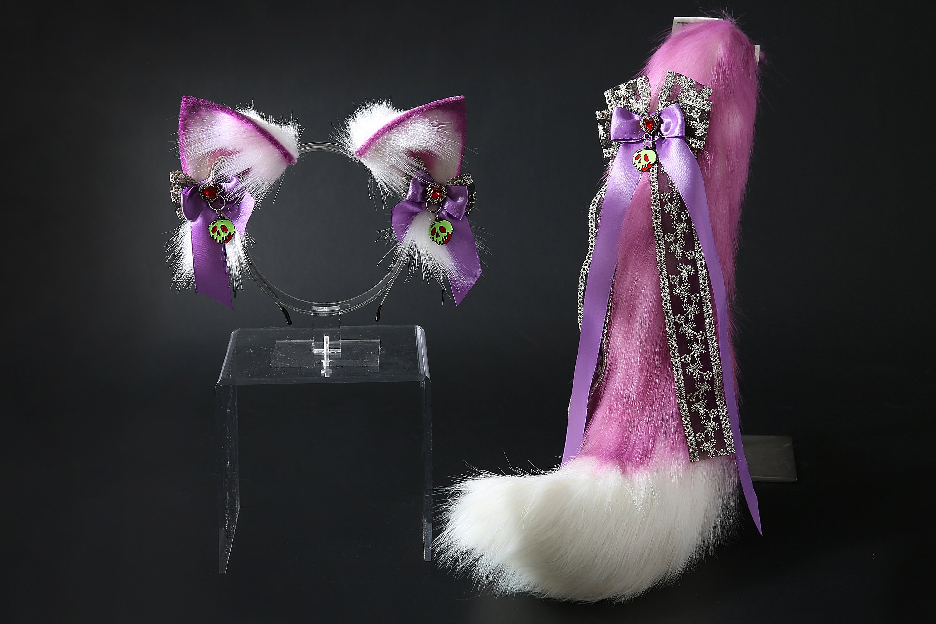 Purple white real fur fox ear and tail plug set